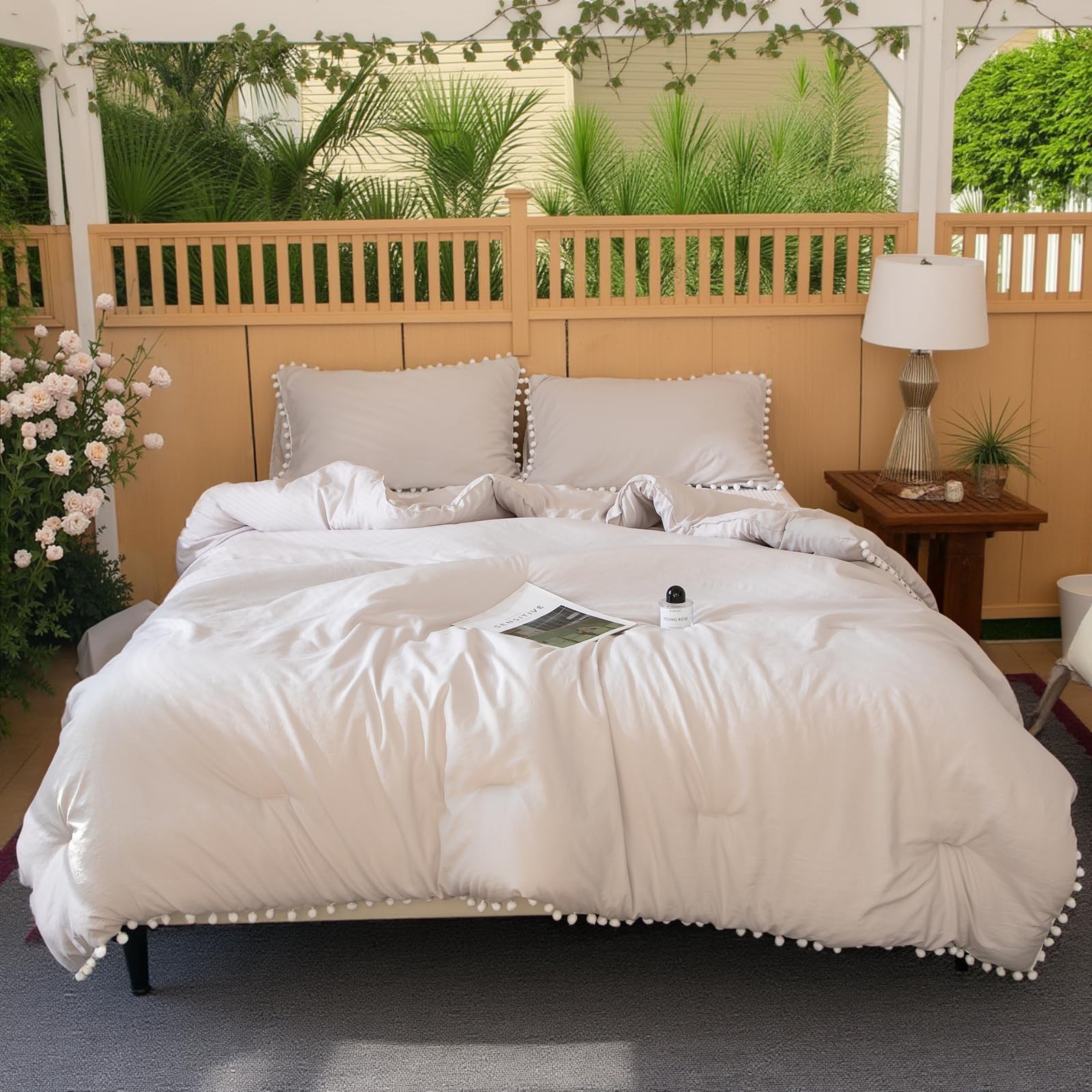 Boho King Comforter Set - Soft Beige Bedding with Pom Fringe for Farmhouse Style Bedrooms