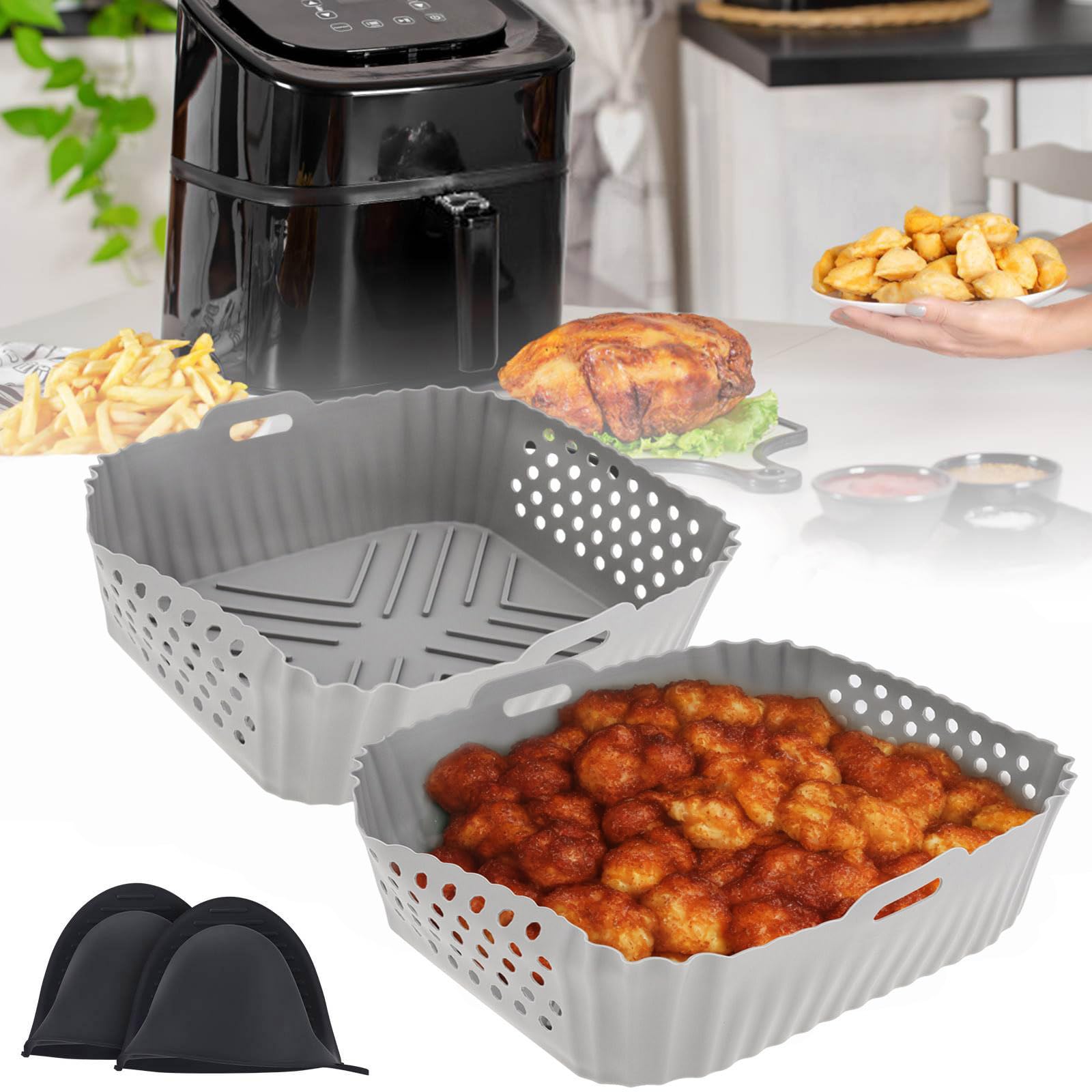 Reusable Silicone Air Fryer Liners 2Pcs with Oven Gloves - Non-Stick Square Air Fryer Basket Accessories for Ninja SL401/DZ201/DZ401/DZ550 - Perfect for Baking, Roasting & Healthy Cooking