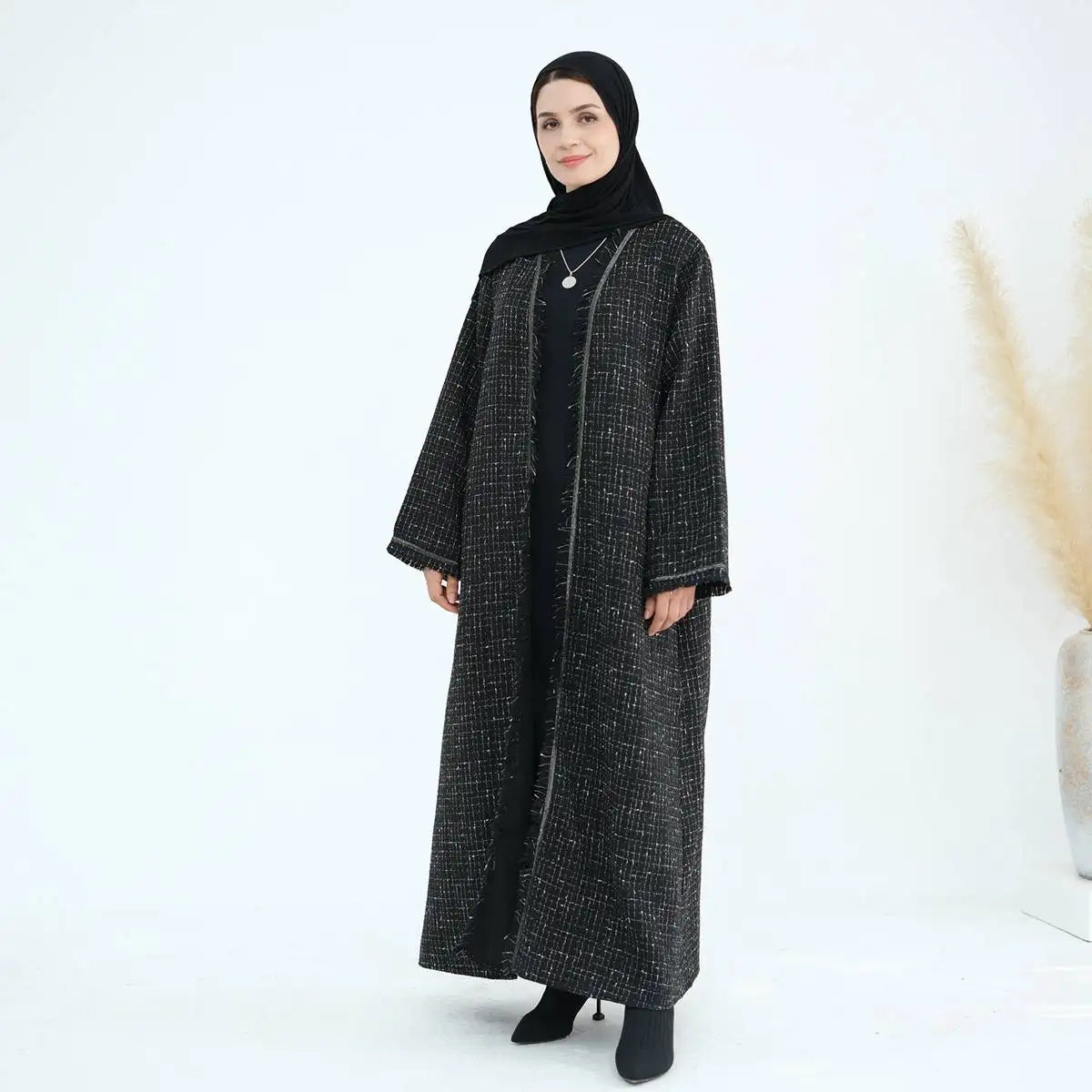 Winter Fall Thick Tassel Tweed Cardigan Open Abaya Coat - Women's Fashion Outerwear for Cold Weather, Layering & Modest Style