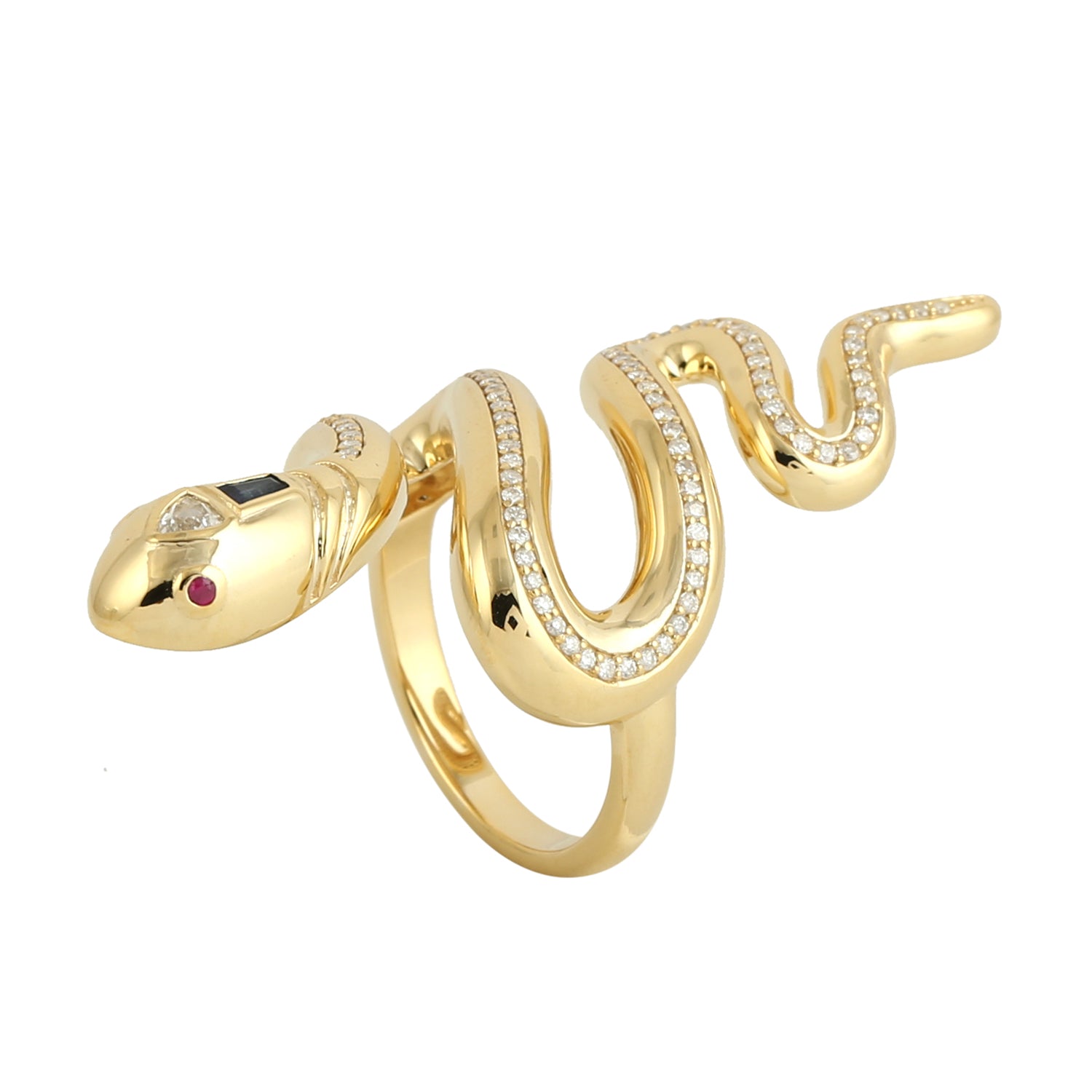 14K Yellow Gold Pave Diamond Baguette Cut Blue Sapphire Ruby Snake Ring for Women - Elegant Statement Jewelry for Parties, Weddings & Special Occasions