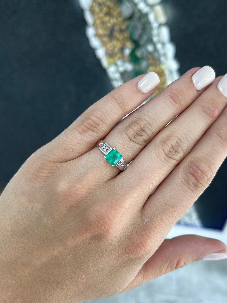 1.74 Carat 14K White Gold Natural Emerald Solitaire Ring with Diamond Accents - Elegant Engagement, Wedding, Anniversary Gift for Women