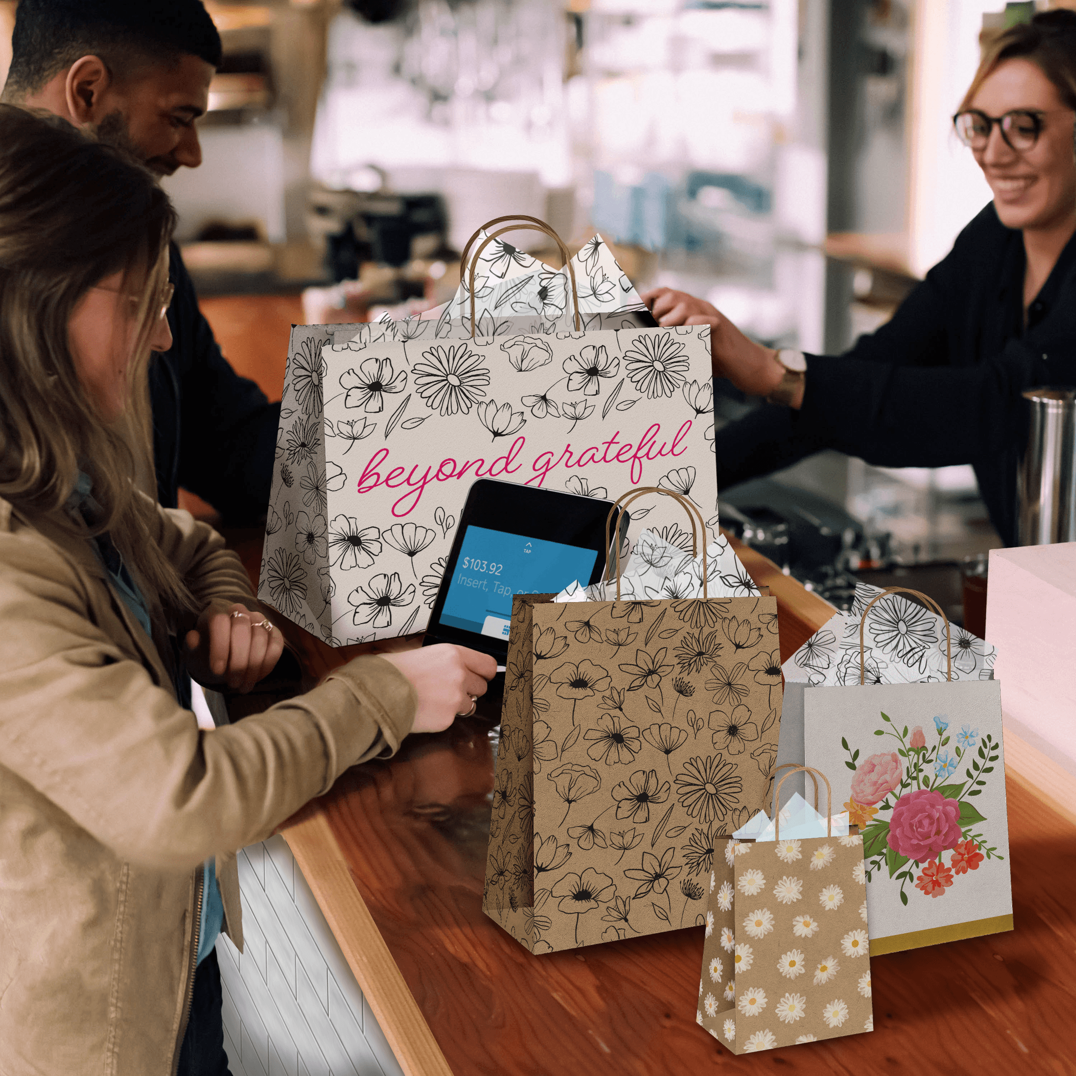 Floral Kraft Gift Bags Set - 20 Pcs Mixed Sizes (4x6, 5x7, 6x8 Inches) - Eco-Friendly Paper Gift Bags for Birthday, Wedding, Baby Shower & Party Favors