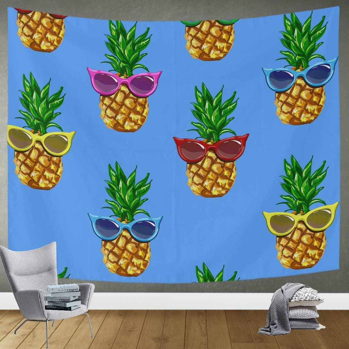 DOMIKING Pineapple Sunglasses Tropical Tapestry Wall Hanging - 80x60in Bohemian Beach Decor for Bedroom, Living Room & Dorm | Trippy Wall Art, Summer Vibes Home Decoration