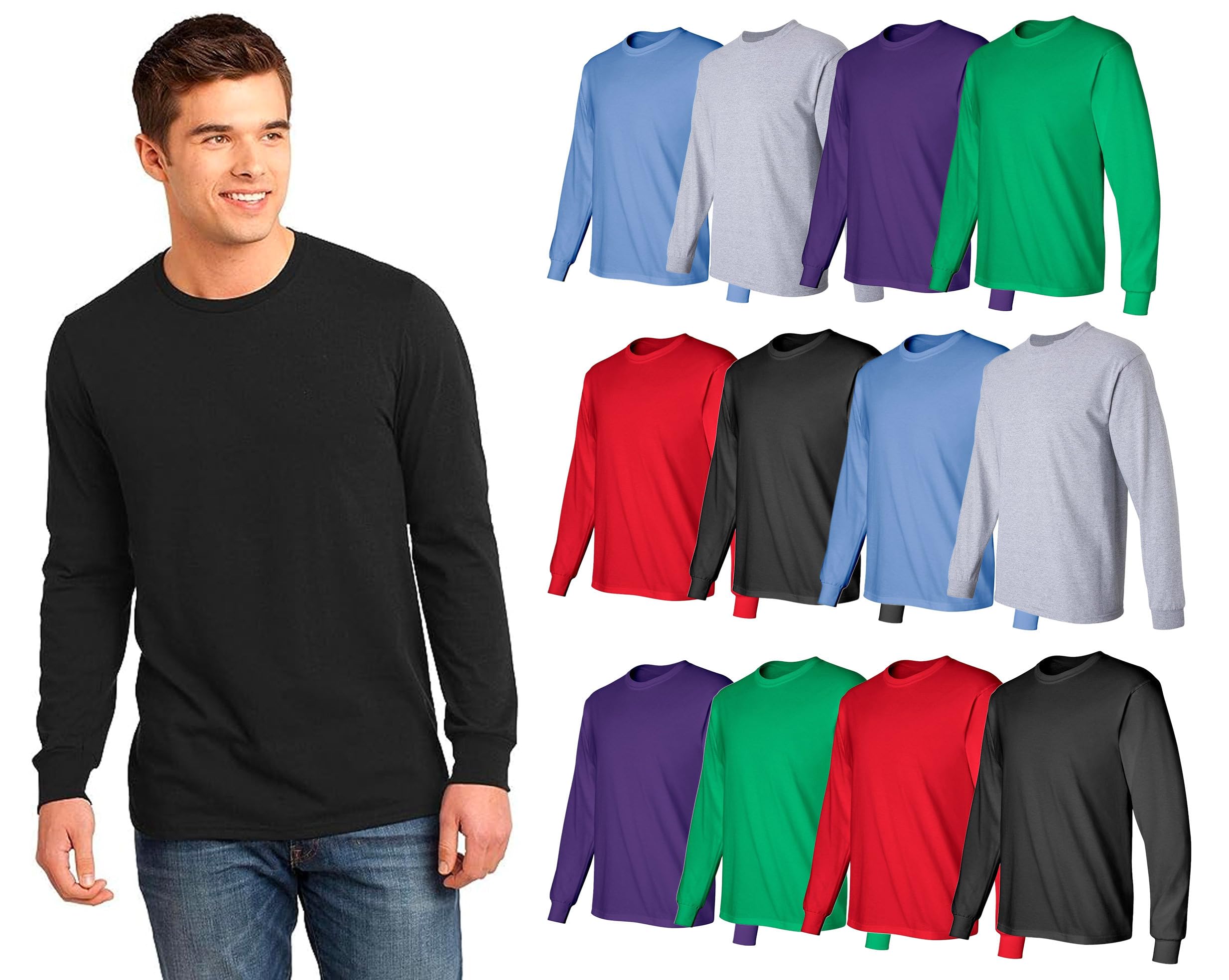 BILLIONHATS Men's Long Sleeve Colorful Cotton T-Shirts - 100% Soft Crew Neck Bulk Tees for Casual Wear, Wholesale Pack of 5 - Perfect for Everyday Outfits, Layering & Seasonal Fashion