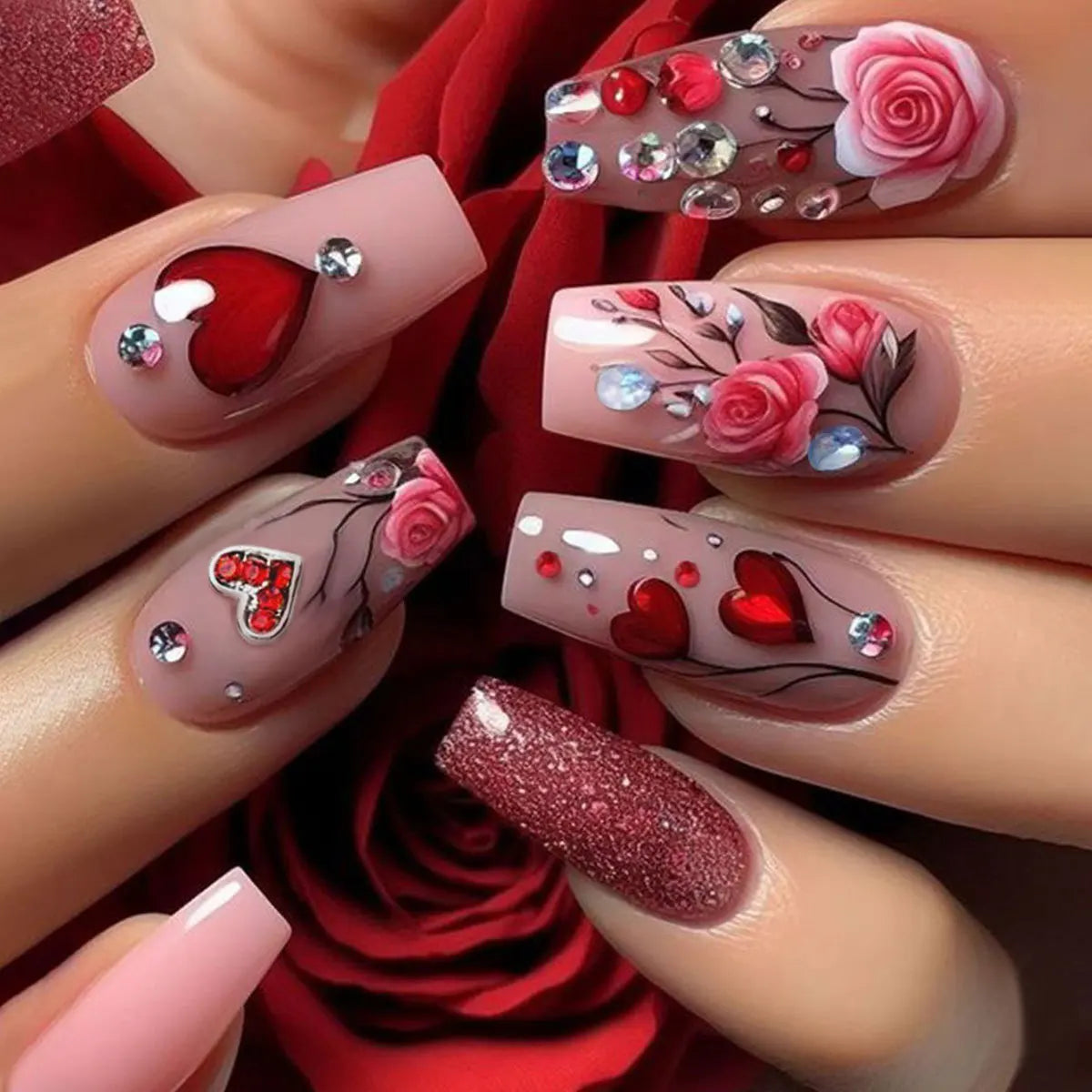 24Pcs Short Press on Nails - Dark Red & Black Valentine's Day Design with Rose Pattern, Ballet Square Fake Nails for Women | Perfect for Valentine's Gifts, Date Nights, Parties & Special Occasions
