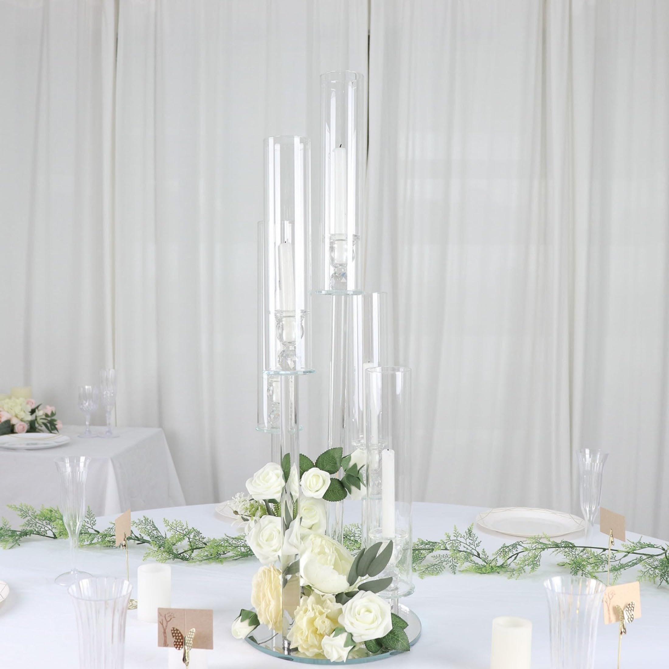 32 Inch Clear 5-Arm Round Crystal Glass Candelabra Taper Candle Holder - Elegant Wedding Centerpiece, Party Reception Decor, Home Dining Table Decoration for Romantic Ambiance & Special Occasions
