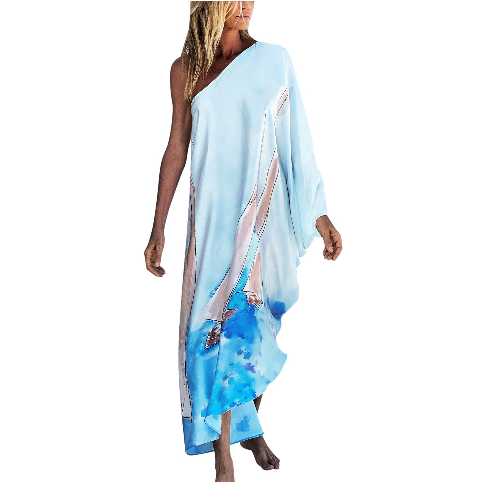 Women's Floral Print Chiffon Beach Cover Up Dress - Long Loose Kaftan Gown with Skew Collar, Summer Maxi Dress for Vacation, Pool Party & Mother's Day Gifts 2022