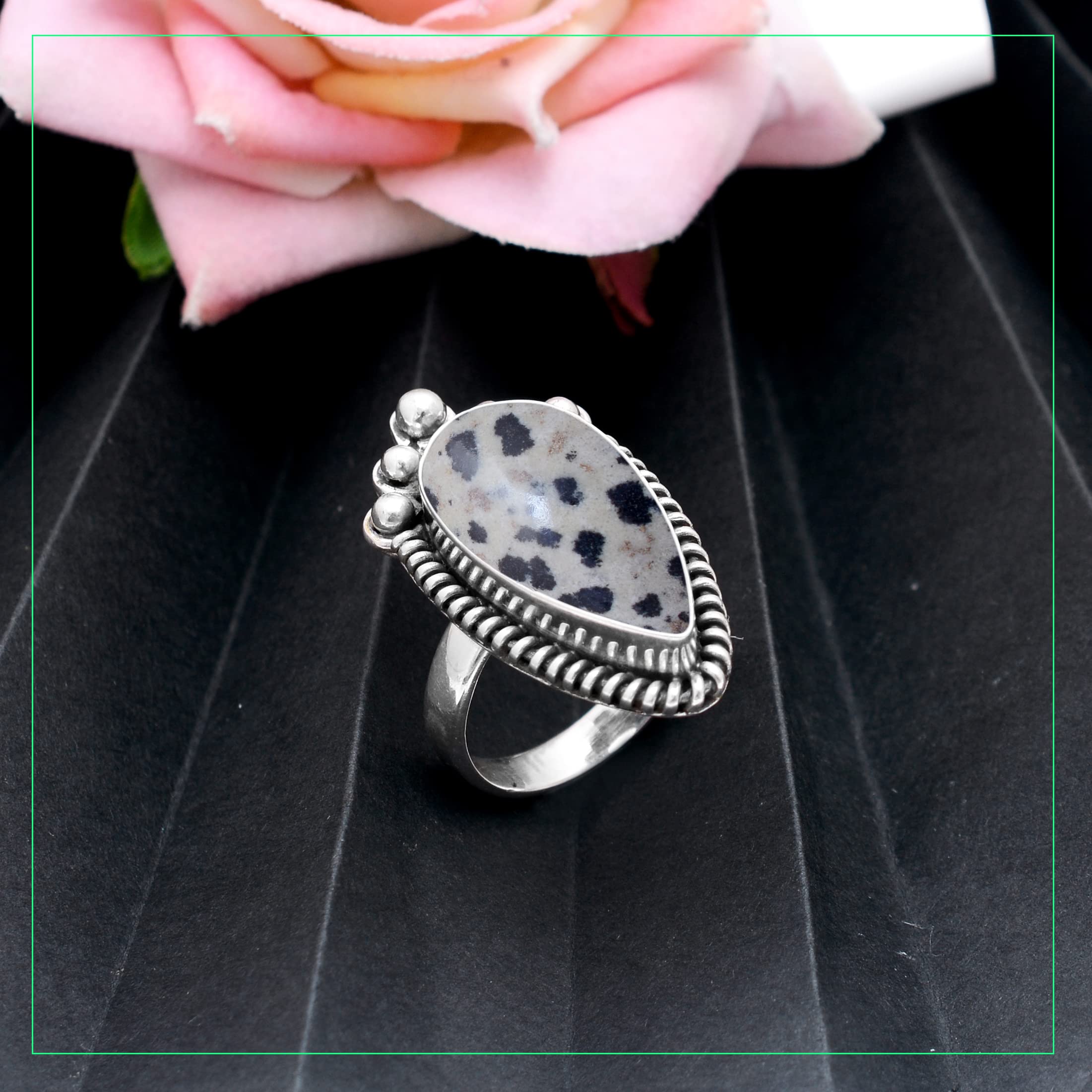 Veracity Jewelry Dalmatian Jasper Rings for Women - 925 Sterling Silver Healing Meditation Jewelry with Natural Black & White Gemstone - VSR-486 | Spiritual Gifts, Yoga Accessories & Boho Fashion Statement