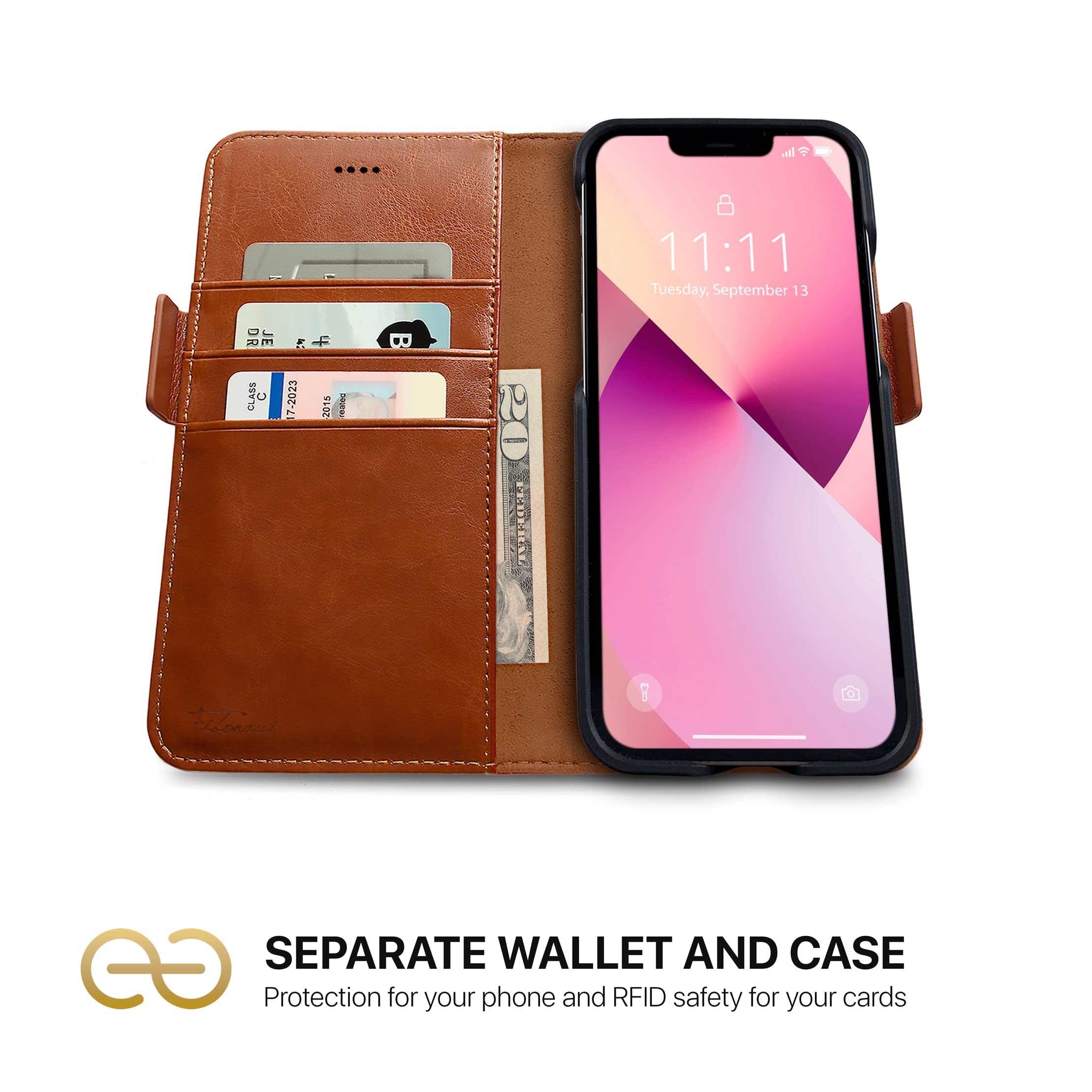 Dreem Fibonacci Vegan Leather Wallet Case for iPhone 13 - 2-in-1 Detachable Magnetic Cover with Built-in Kickstand & RFID Blocking Card Holder | MagSafe Compatible | Caramel Brown | Perfect for Work, Travel & Everyday Use