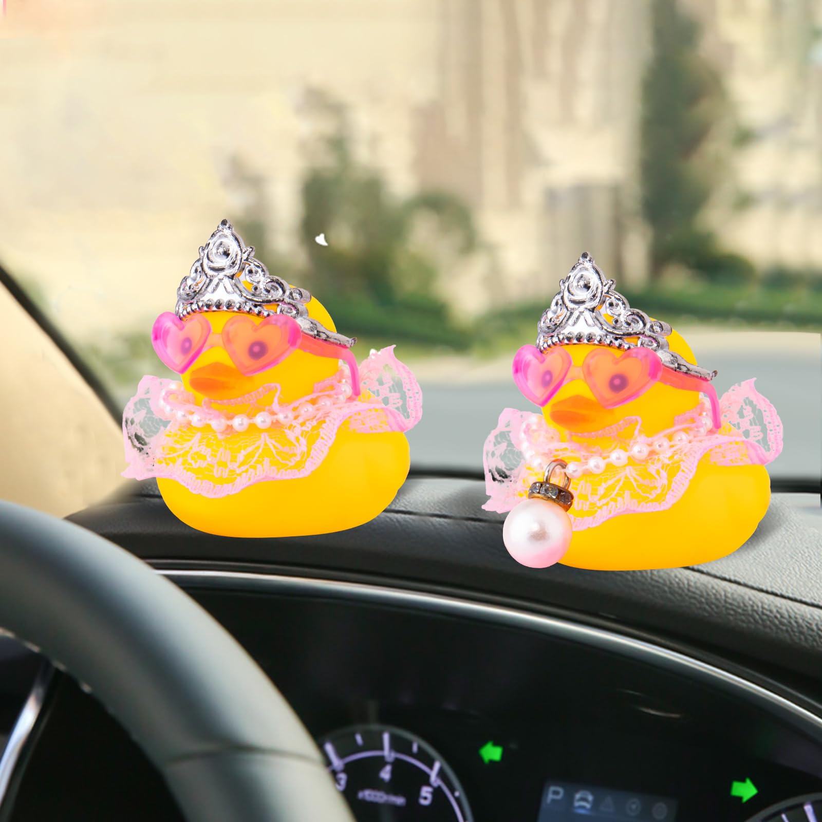Wonuu Cute Pink Lace Rubber Duck Car Decor with Heart Sunglasses & Pearl Necklace - Fun Dashboard Accessory for Car Interior Decoration & Gift Idea