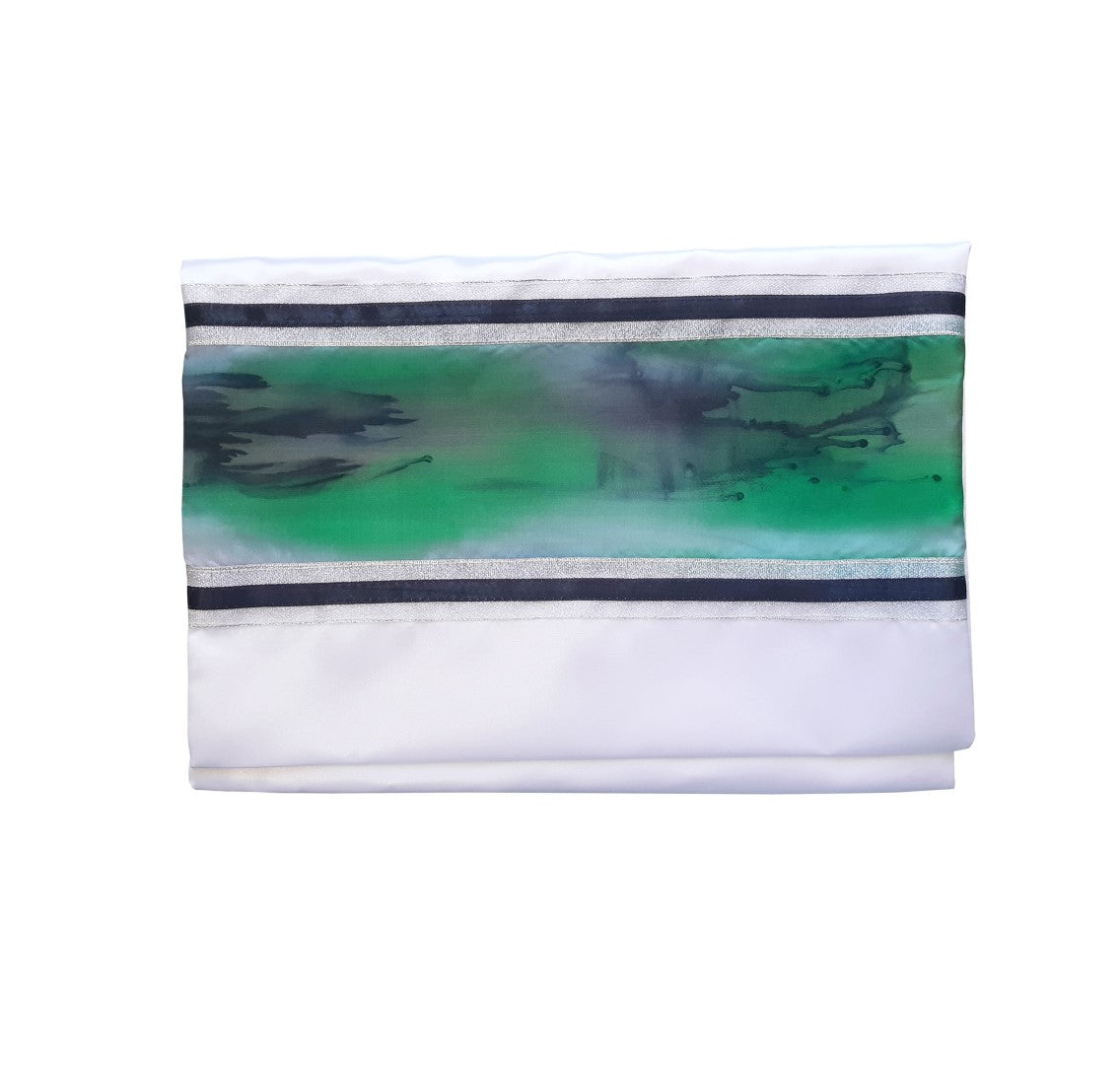 Hand-Painted Green Marble Silk Wool Tallit for Bar Mitzvah - Elegant Jewish Prayer Shawl for Synagogue & Religious Ceremonies