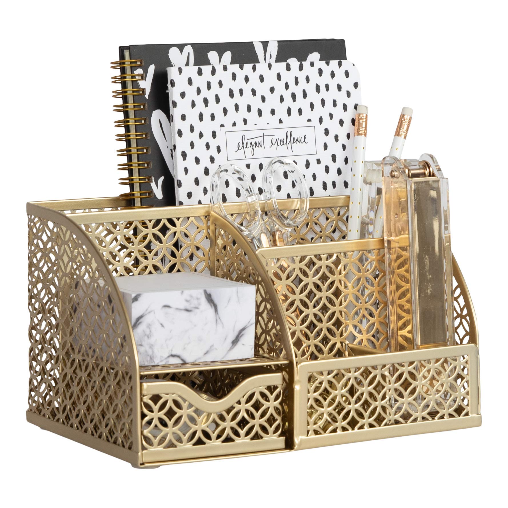 BLU MONACO Gold Metal Desk Organizer - Stylish Office Storage for Papers, Pens & Supplies - Elegant Gold Finish Home & Office Decor - Perfect for Work Desks, Study Tables & Gift Giving