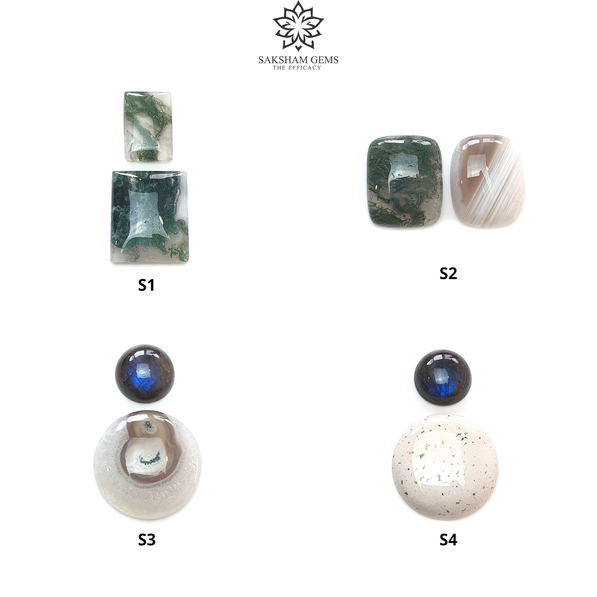 Natural Untreated Botswana & Moss Agate Labradorite Gemstone Cabochon - Bi-Color Cushion Round Shape 2pc Set for Jewelry Making, Wire Wrapping & Healing Crystals