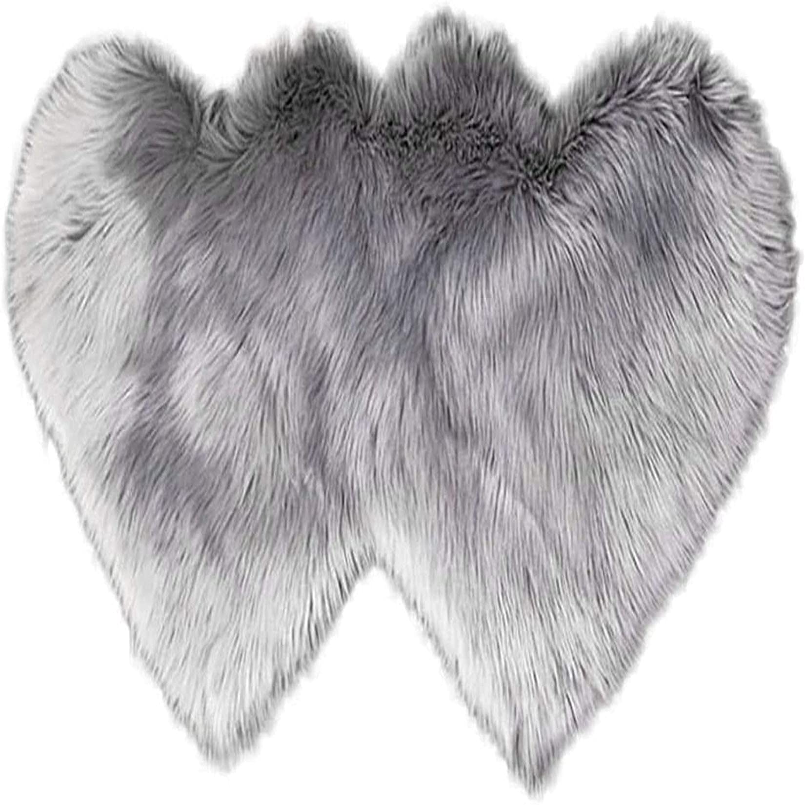 Modern Fluffy Faux Fur Area Rug - 2'x4' Anti-Skid Double Heart Shaped Plush Carpet for Kids Bedroom, Nursery & Playroom - Soft Shaggy Fuzzy Rug (Grey, 35x70cm/14