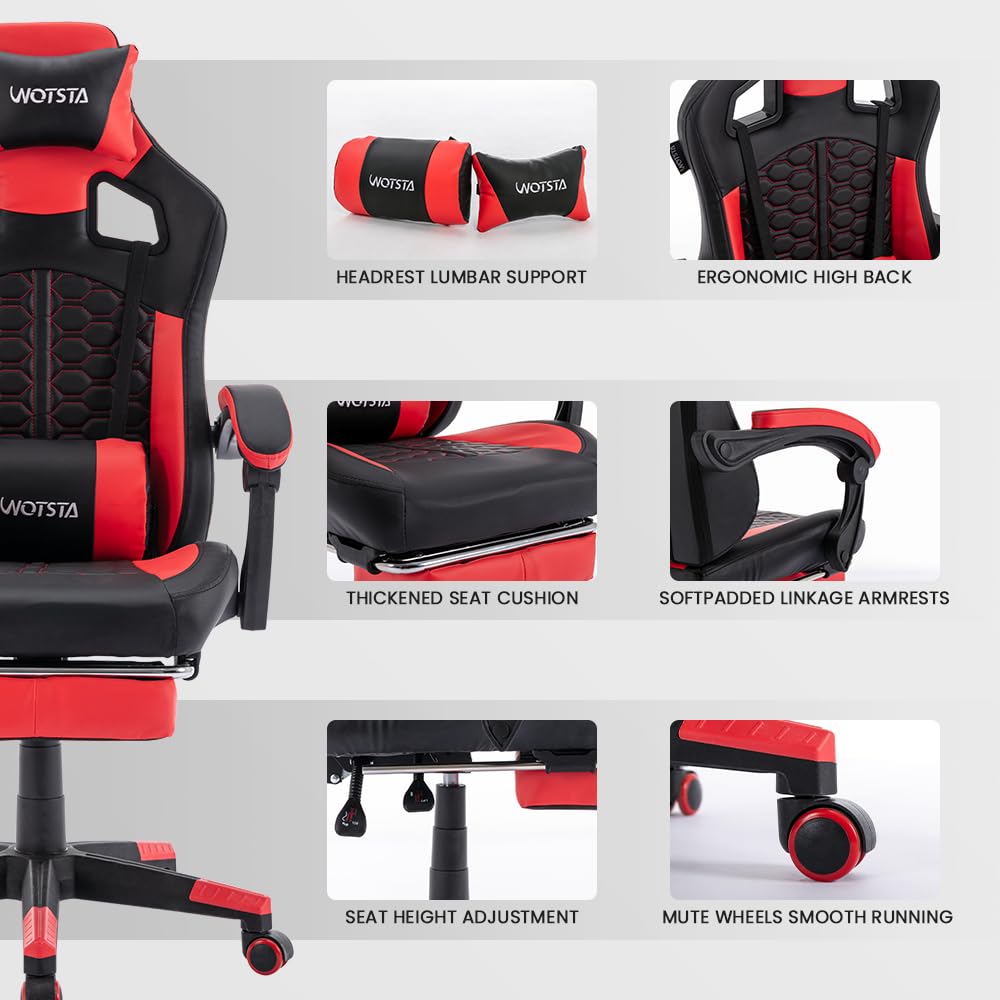 Ergonomic Gaming Chair with Massage & Footrest - Adjustable PC Game Chair with Comfortable Headrest, High Back Support, 300LBS Capacity - Perfect for Esports, Office Work & Home Gaming Setup (Black Red)