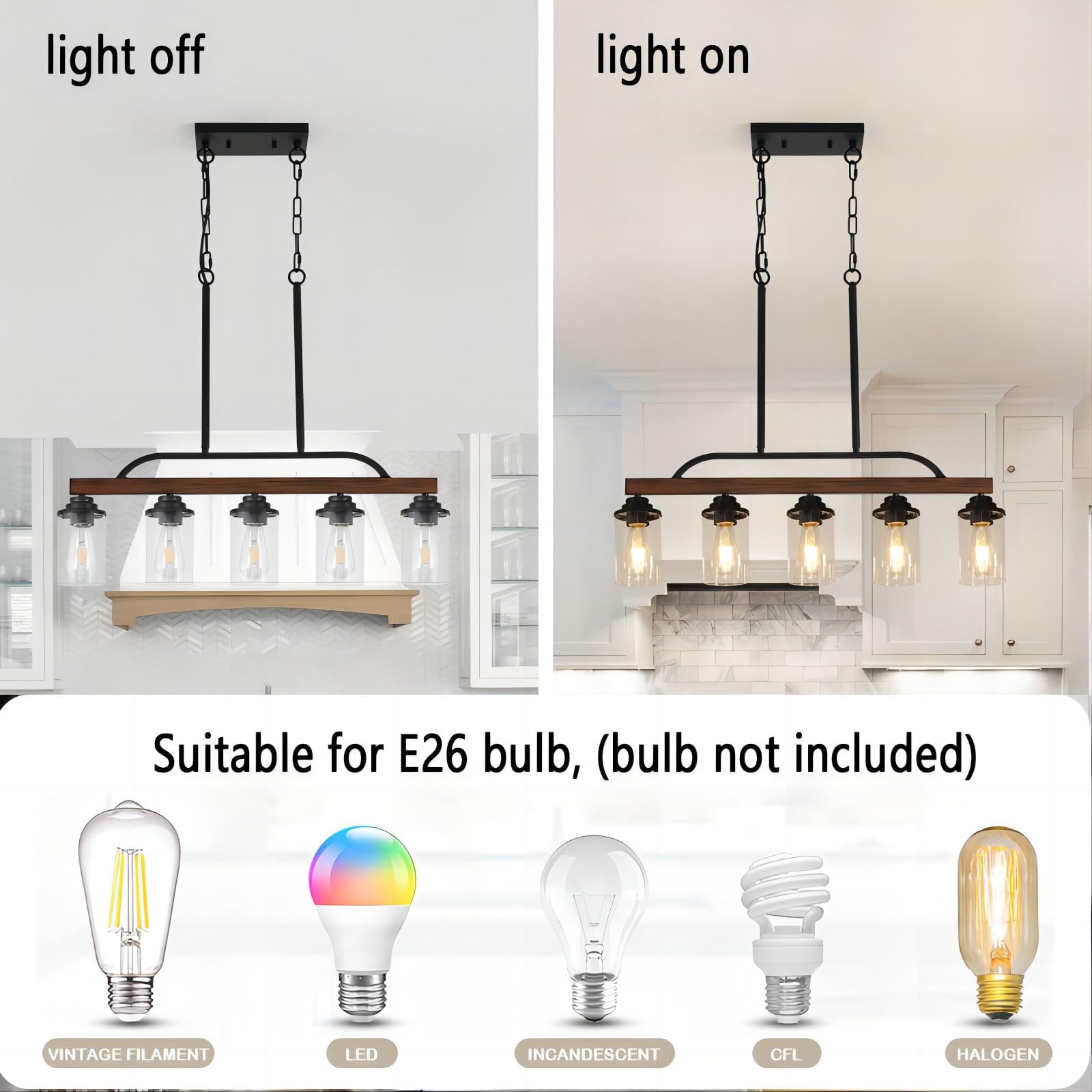 SEEBLEN 5-Light Farmhouse Chandelier - Black Metal Adjustable Kitchen Island Lighting with Clear Glass Shade - Rustic Industrial Dining Room Ceiling Fixture for Kitchen, Restaurant, Cafe and Home Decor