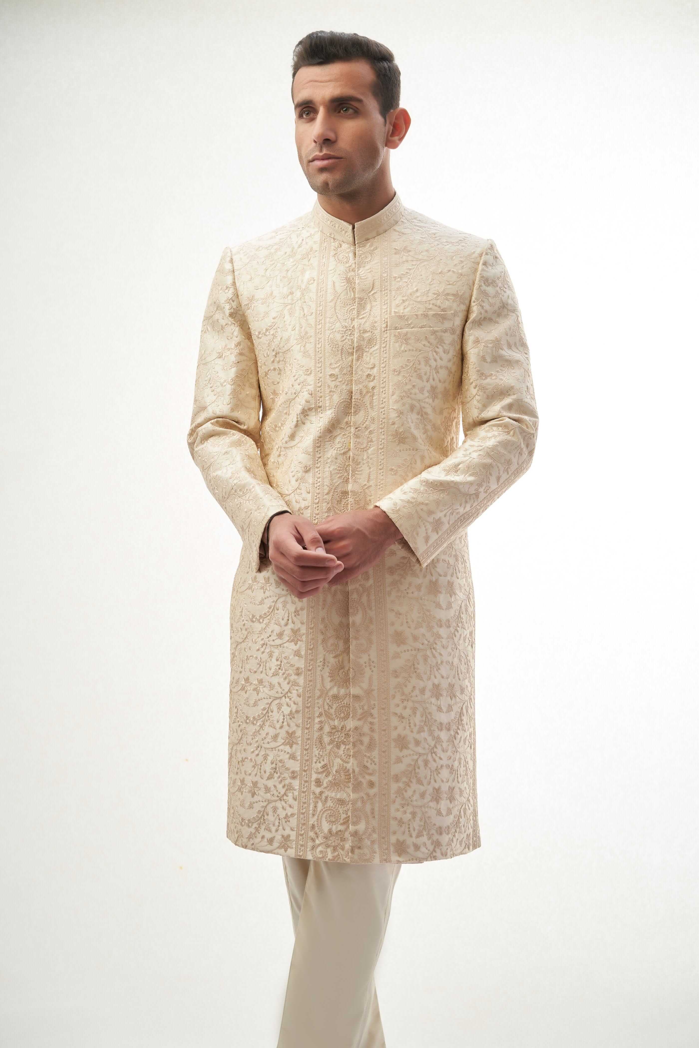 Elegant Fawn Persian Painting Inspired Sherwani for Men | Traditional Indian Wedding Attire | Perfect for Grooms, Festivals & Cultural Events