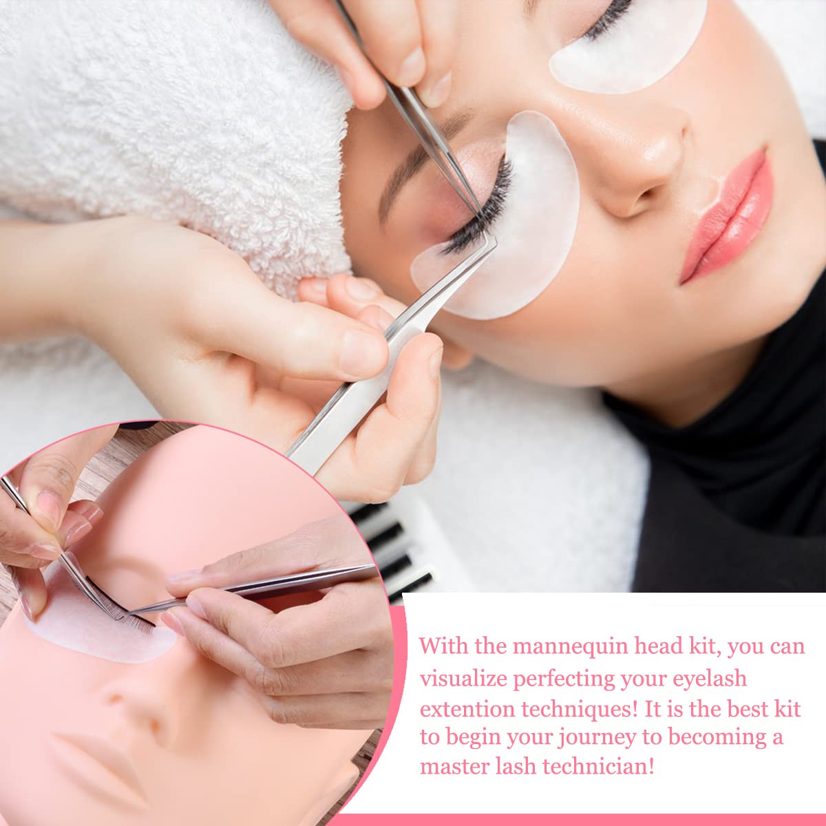 Professional Eyelash Extension Kit for Beginners - Mannequin Head, False Lashes, Glue, Tweezers & Lash Fan Dryer - Complete Lash Training Set for Salon & Home Practice