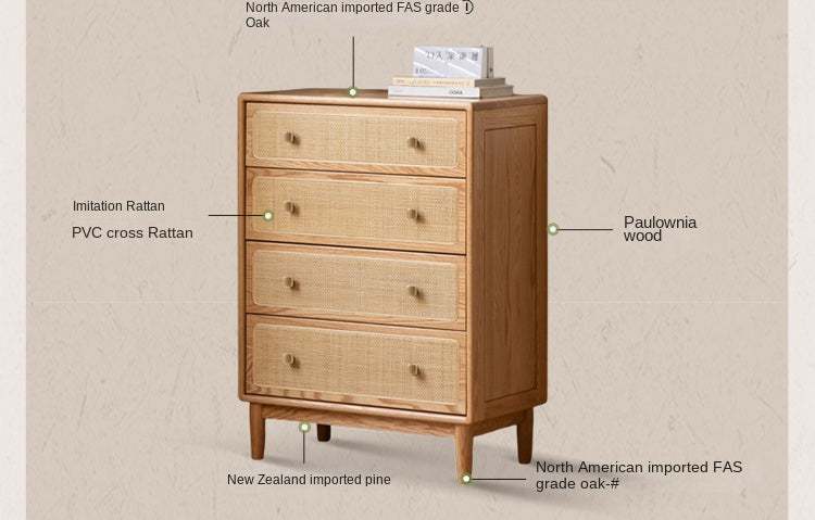 Solid Oak & Black Walnut Wood Cabinet with Rattan Doors - Modern Storage Organizer for Living Room, Bedroom, or Entryway