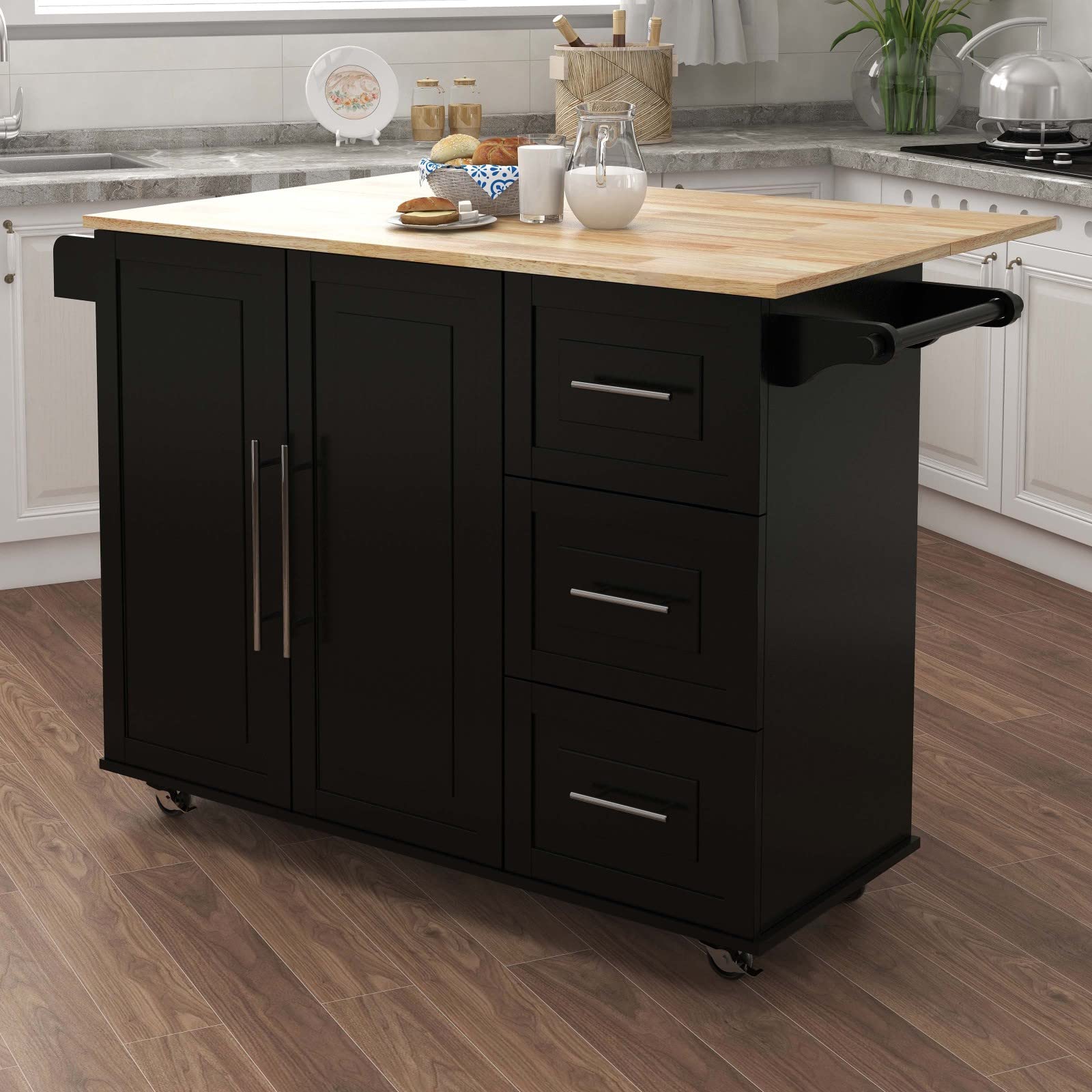 Rubyurphy Extendable Solid Wood Kitchen Island Cart with 2 Lockable Wheels, Drawer & Spice Rack - Mobile Kitchen Workstation for Small Spaces, Food Prep, Dining & Extra Storage