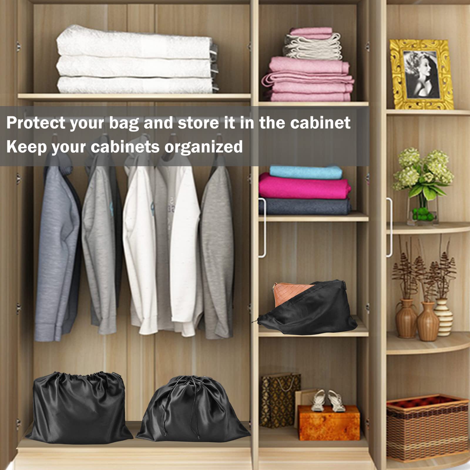 12 Pcs Satin Dust Bags for Purses & Handbags with Drawstring Closure - Luxury Handbag Protector & Storage Organizer (Black) - Perfect for Travel, Closet Organization & Designer Bag Protection