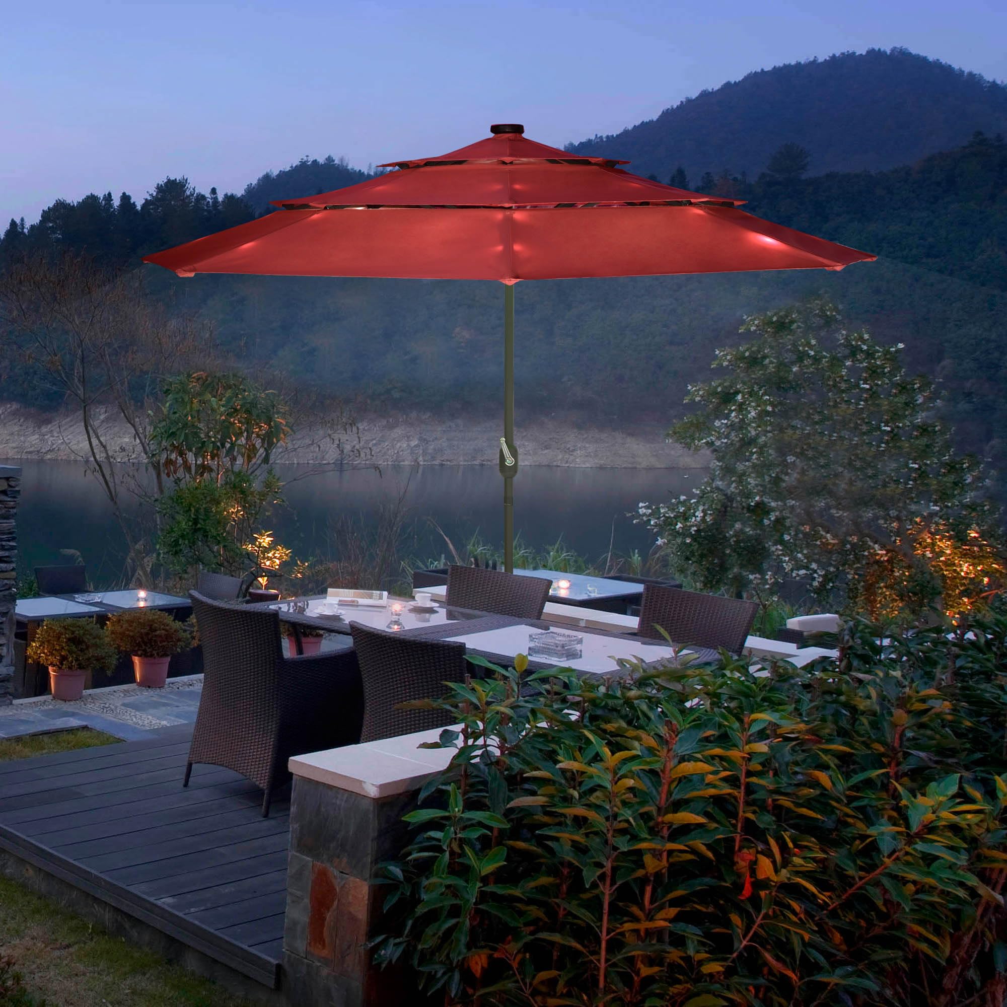 Yescom 10FT 3-Tier Solar LED Patio Umbrella with Crank & Tilt - Aluminum Frame for Outdoor Deck, Backyard, Pool Party & Night Events (Red) | Perfect for Lounging, Dining, and Entertaining Guests in Your Garden or Patio