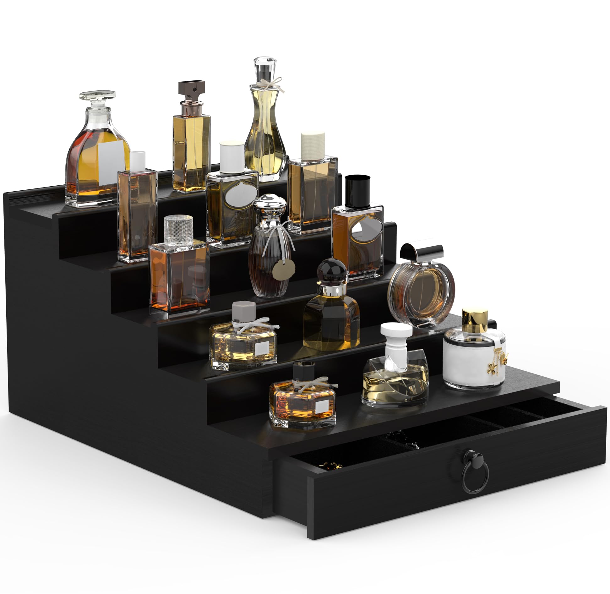 5-Tier Black Cologne Organizer for Men with Drawer & Hidden Compartment - Perfume Display Stand & Storage Shelf - Perfect Gift for Him - Ideal for Bathroom, Dresser, and Vanity Organization