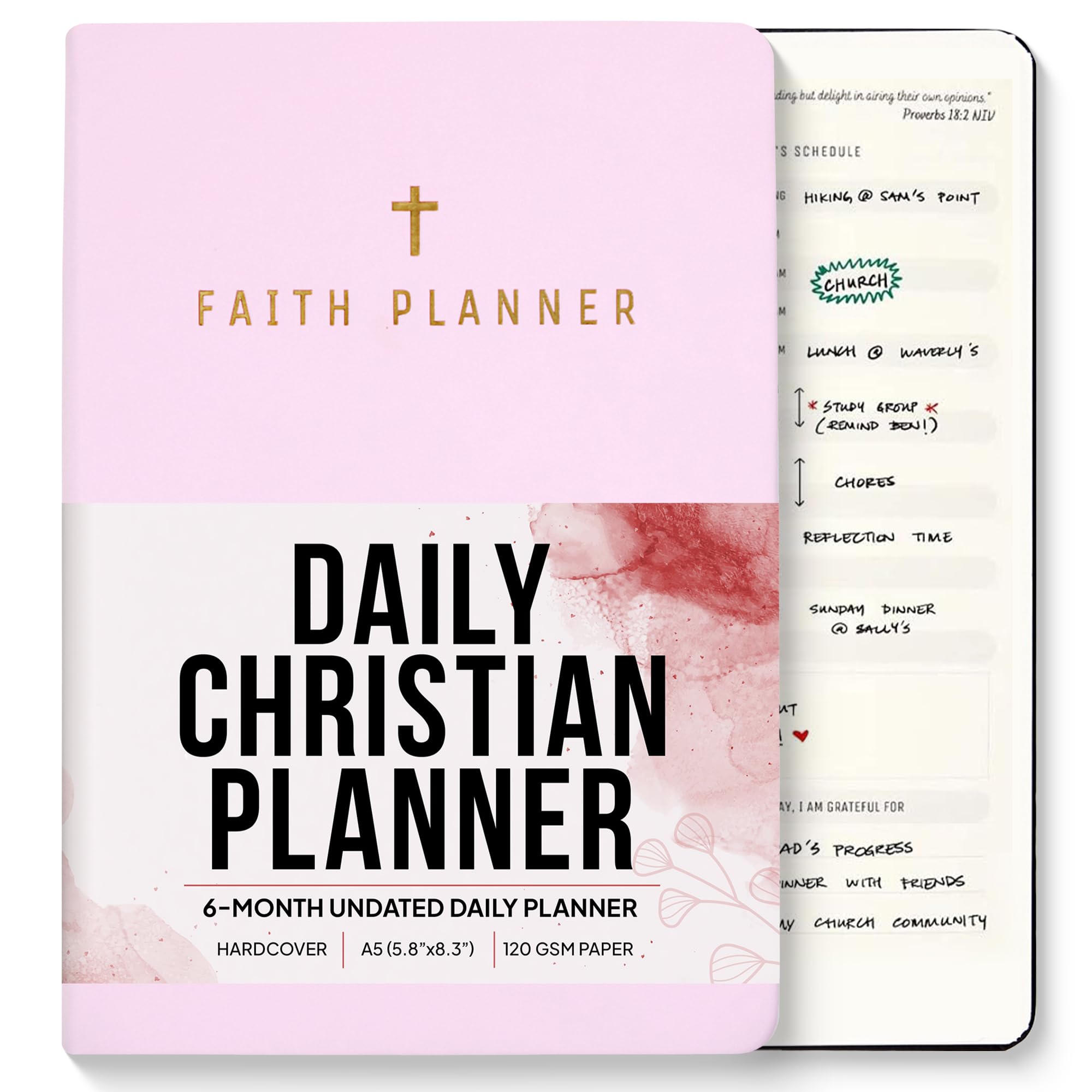 Faith Planner 6 Month Undated Christian Planner 2025 - Prayer Journal & Gratitude Notebook with Bible Verses | A5 Pink Leather Cover, Monthly Weekly Daily Planner for Women | Perfect for Bible Study, Church Notes & Personal Organization