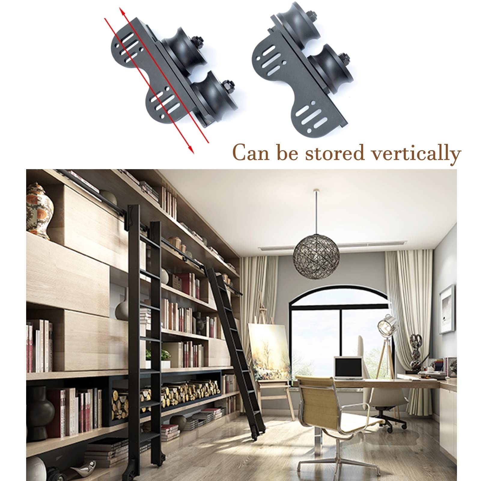 Black Rolling Library Hardware Kit - Extendable Sliding Ladder Rail System with Foot Stand & Extension Rail (Ladder Not Included) | Perfect for Home Libraries, Office Storage, and Sliding Closet Organization