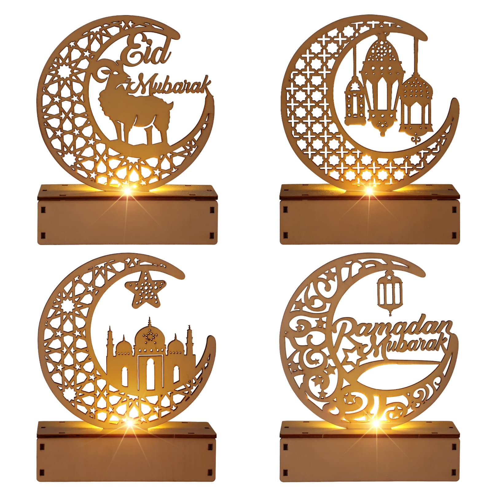 Uonlytech 4 Sets Ramadan Mubarak Moon Lamp Decor - Wooden Islamic Star Night Lights for Eid Crafts, Home Party & Bedroom Decoration - Perfect for Muslim Holidays, Ramadan Nights & Festive Home Decor