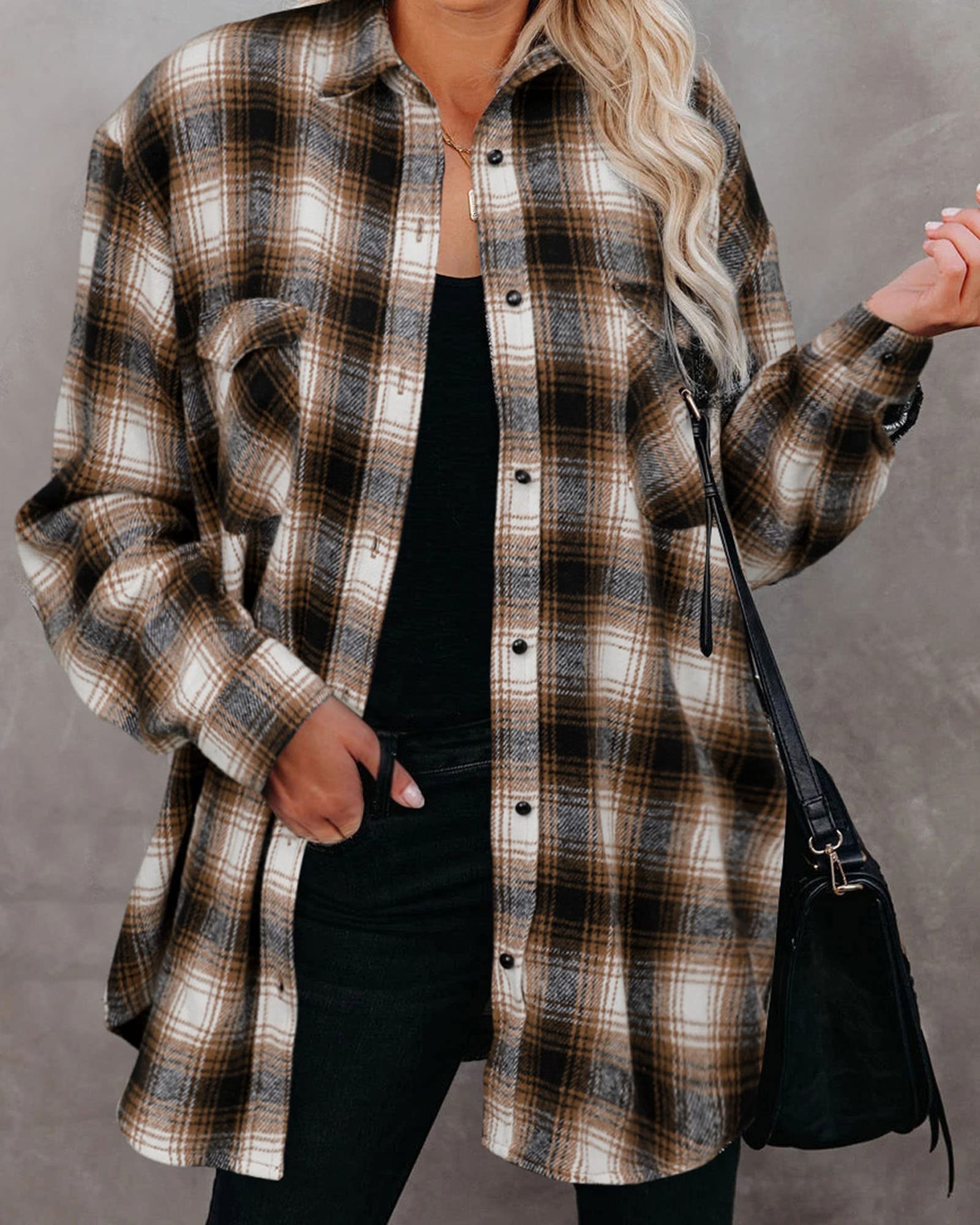 BTFBM Women's Plaid Flannel Shacket - Long Sleeve Button Down Casual Shirt Jacket for Fall & Spring | Loose Fit Blouse Top for Work, Outdoor & Daily Wear (2025 Fashion)