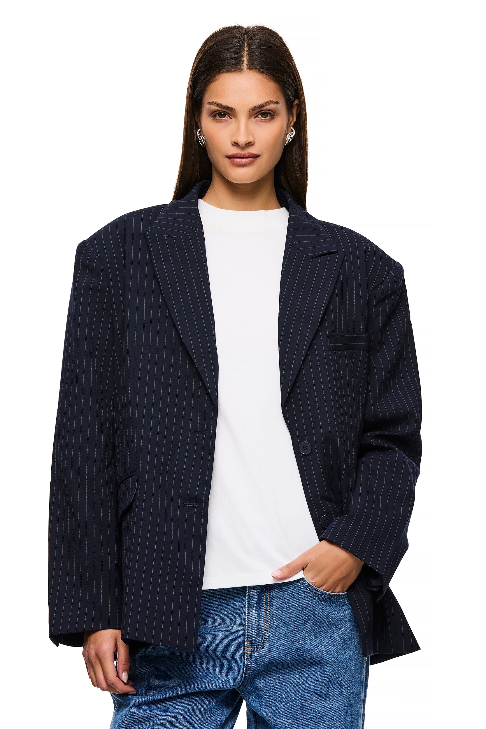 The Isla Navy Pinstripe Blazer for Women - Elegant Slim Fit Business Jacket - Perfect for Office, Meetings & Formal Events