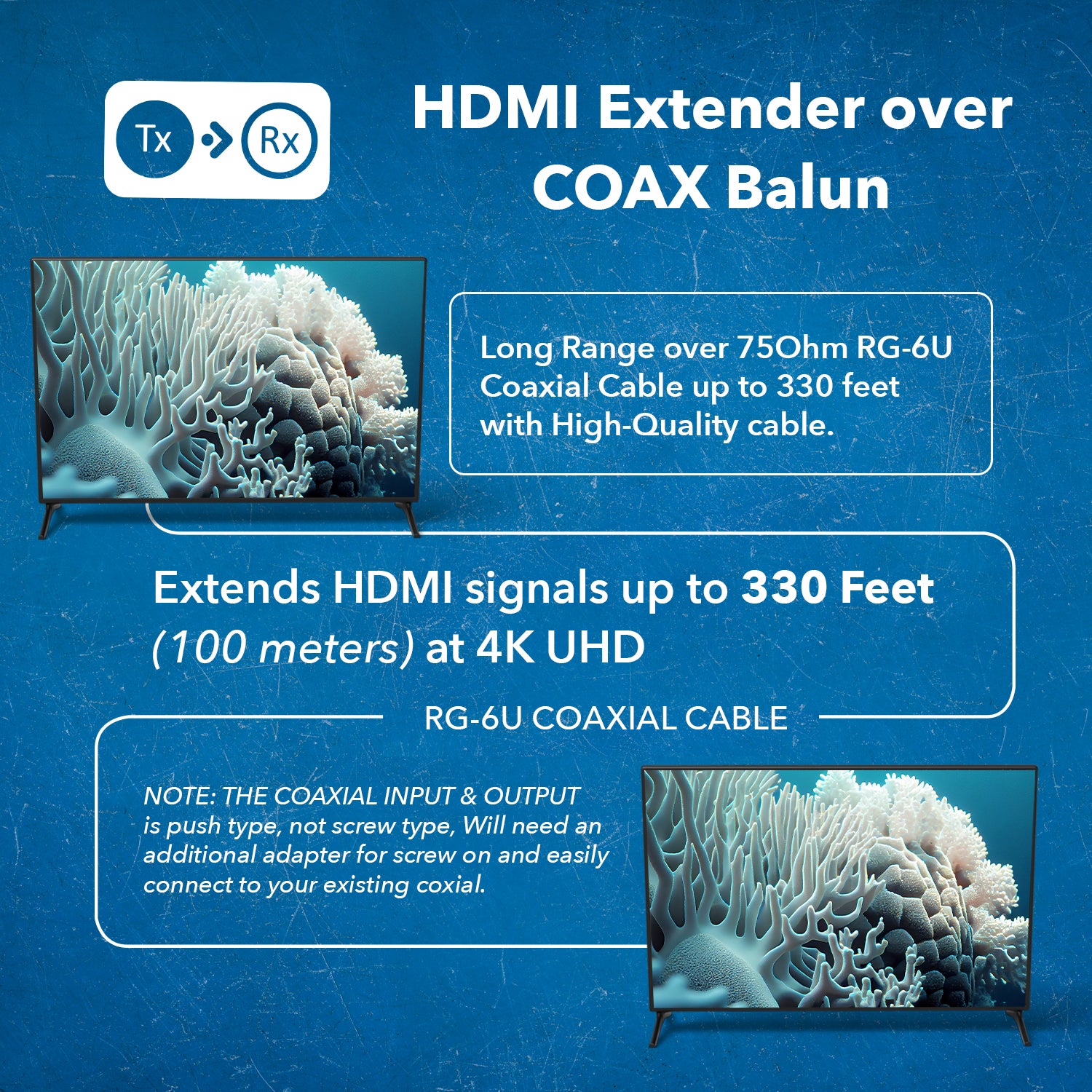 4K@60Hz HDMI Extender with Loop & Bi-Directional IR - 330ft Coaxial Cable for Ultra HD Video Transmission - Perfect for Home Theater, Gaming, and Conference Room Setups