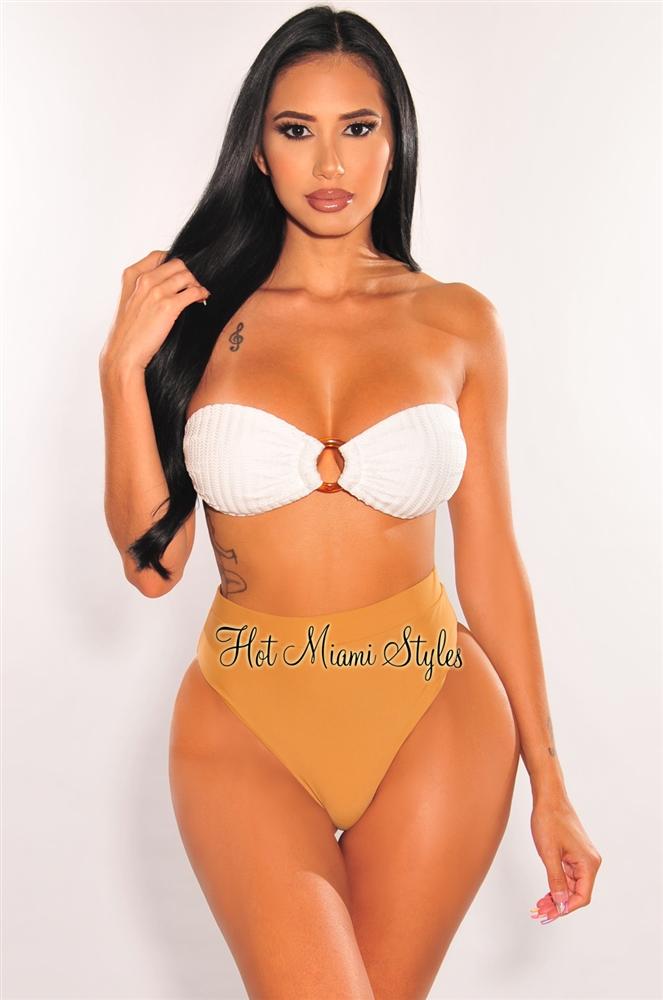 White Caramel Crochet Bandeau O Ring High Cut Bikini Bottom - Sexy Summer Swimwear for Beach Vacation & Pool Party
