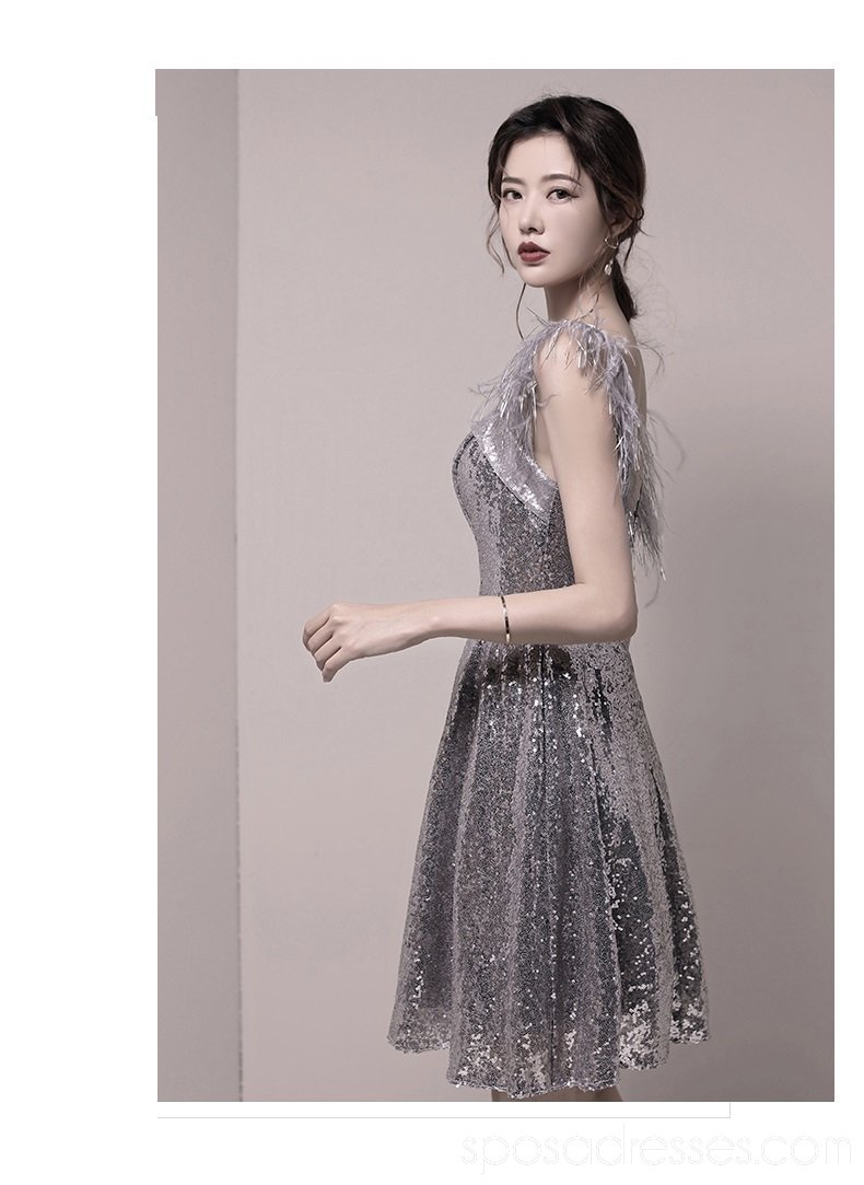 Sparkly Silver Sequin Feather Straps Homecoming Dresses | Short Prom Dresses CM772 | Perfect for School Dances, Parties & Special Occasions
