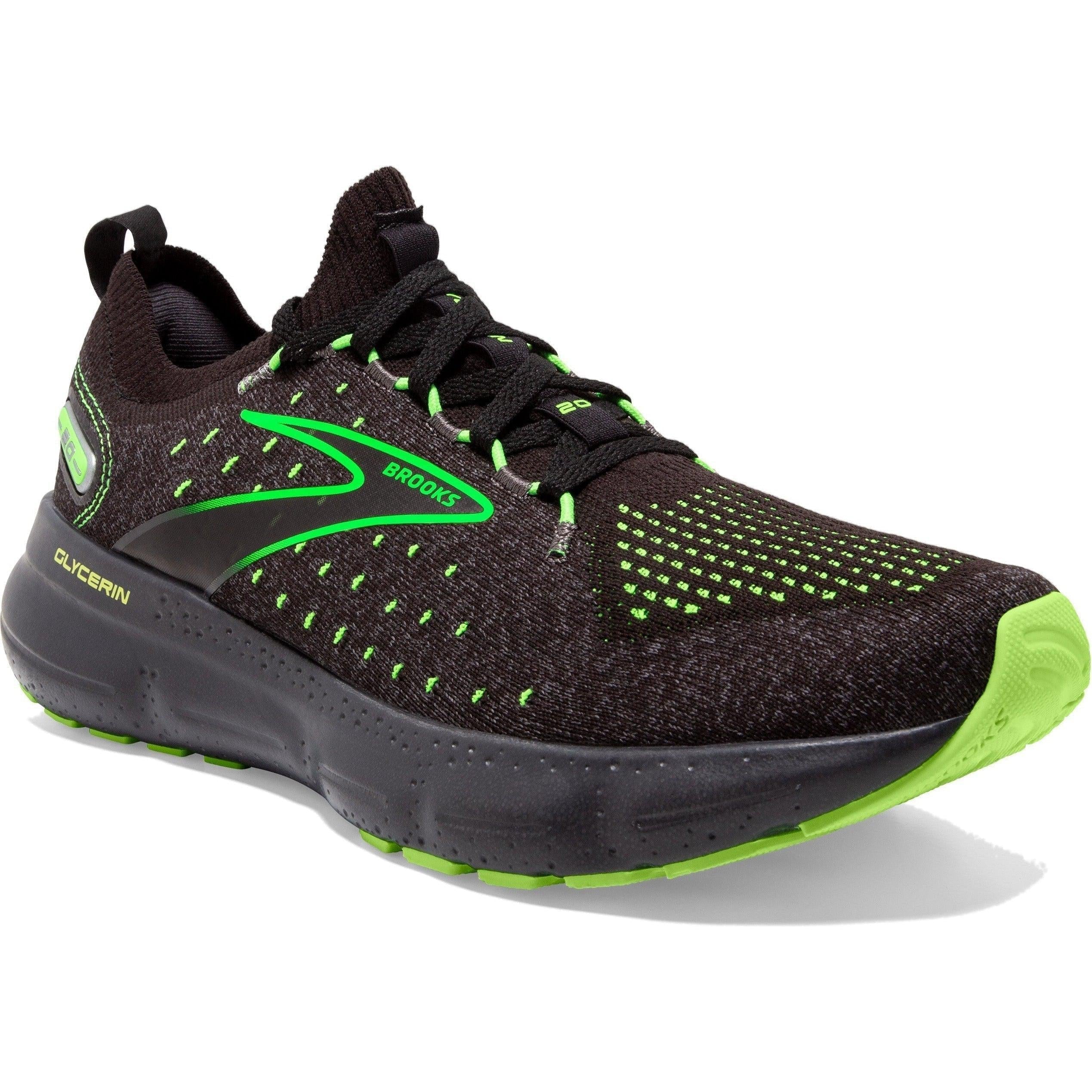 Brooks Glycerin StealthFit 20 Running Shoes for Men - Black/Pearl/Green Gecko - Size 8 D Medium - Lightweight Cushioned Sneakers for Road Running, Jogging & Gym Workouts