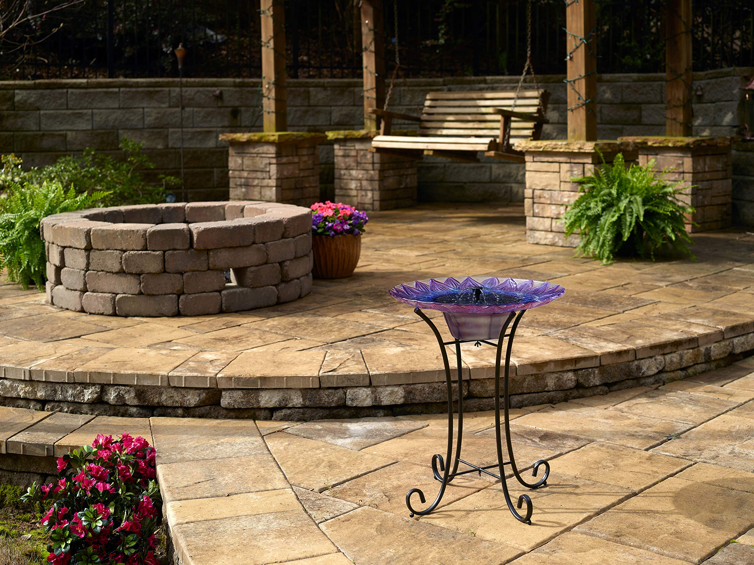 Smart Solar-Powered Birdbath Fountain with Patented Solar Panel & Pump System - Hand-Painted Glass Flower Design on Metal Stand (Blue/Purple) - Perfect for Garden, Patio, Yard Decoration & Attracting Birds
