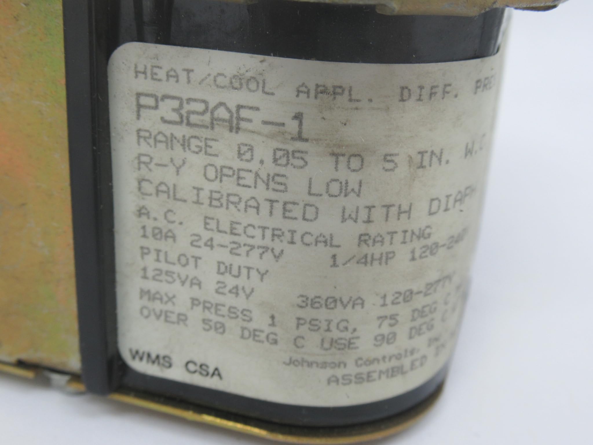 Johnson Controls P32AF-1 Differential Pressure Switch, 0.05/5