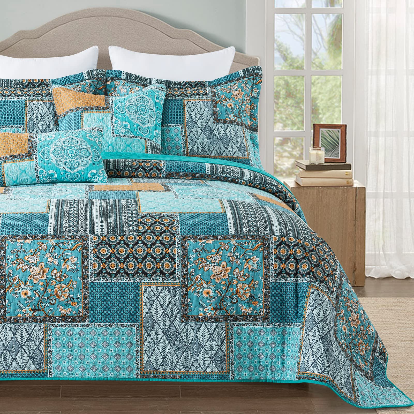 TWINRUN King Size Quilt Set - 3-Piece Soft Cotton Patchwork Bedspread in Blue Turquoise, Lightweight All-Season Comforter for Master Bedroom, Guest Room & Cozy Home Decor