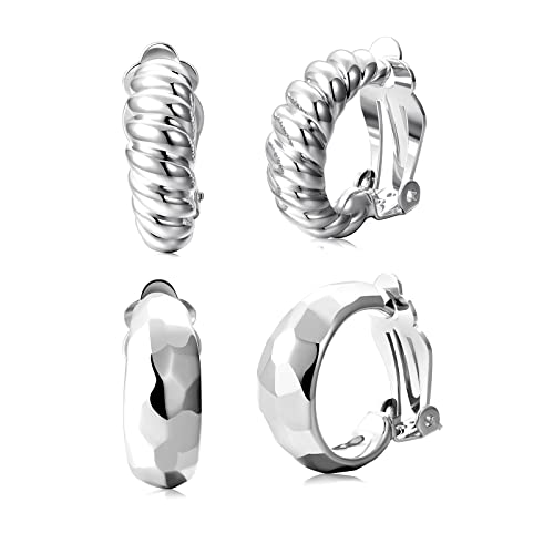 *2 Pairs White Gold Clip Hoops