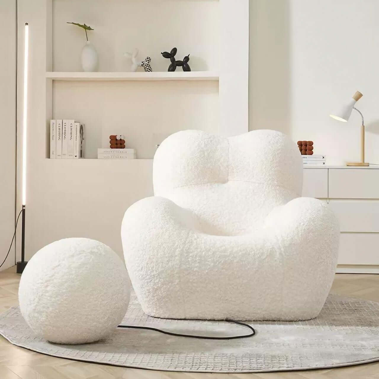 White Boucle Creative Armchair - Modern Lazy Sofa Single Chair with Embrace Style - Perfect for Living Room, Bedroom or Office Lounge Chair