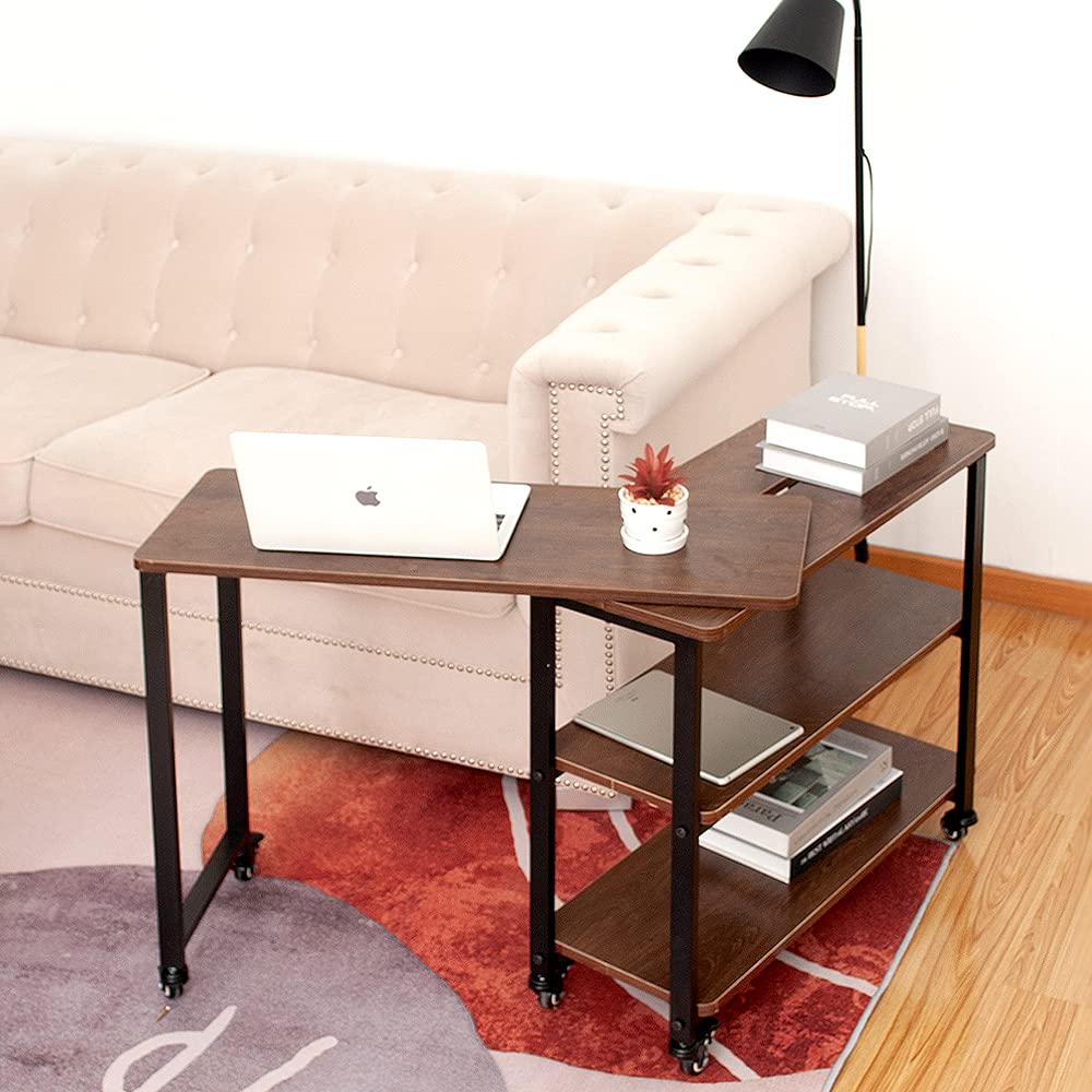 360° Rotating Sofa Side Table with Coral Flower Design - Dark Oak Finish for Living Room, Office, and Snack Table Use