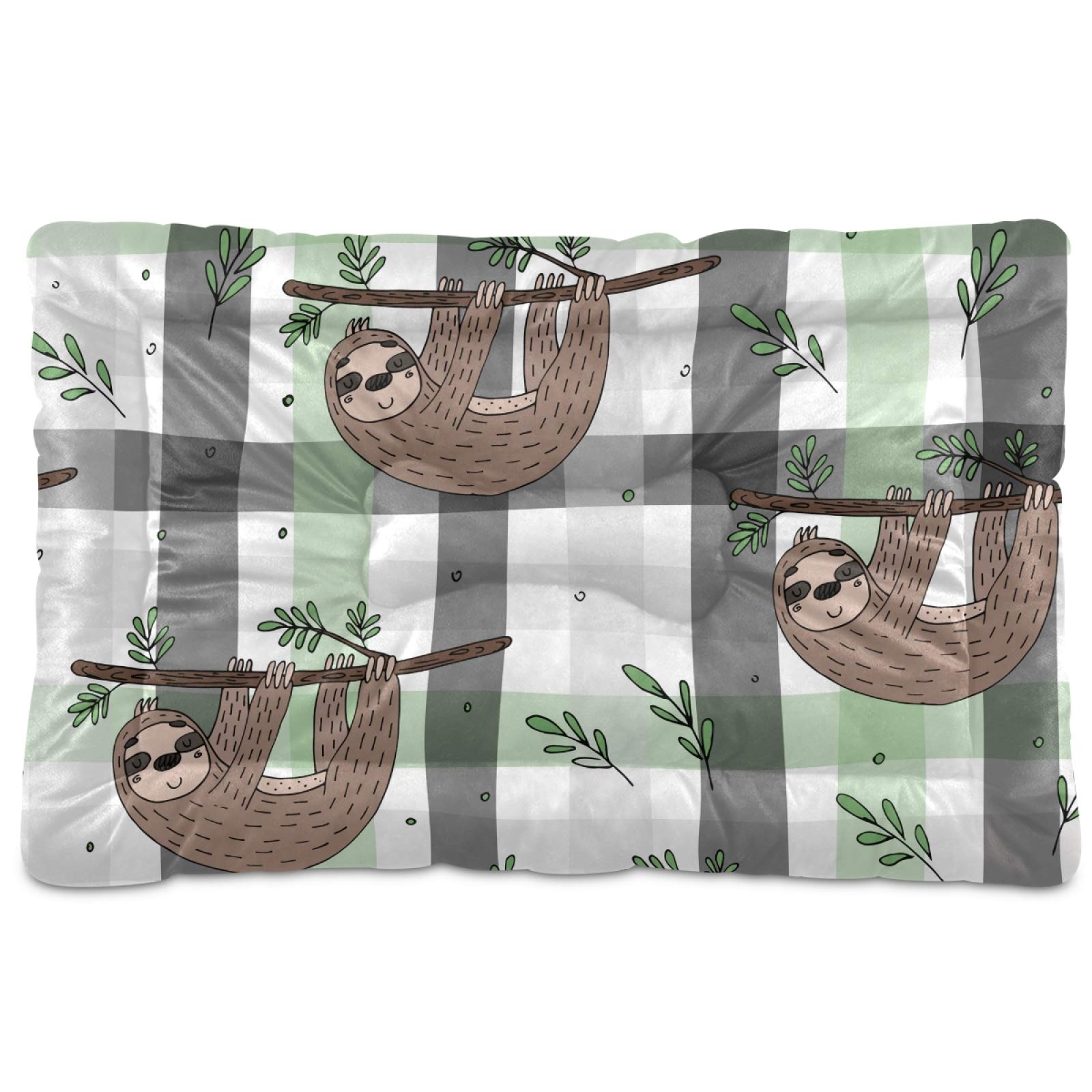 Washable Sloth & Buffalo Check Dog Bed Mat - 24x18 Inches for Large, Medium, Small Dogs & Puppies | Crate Mattress & Pet Pad | Perfect for Crates, Floors & Travel
