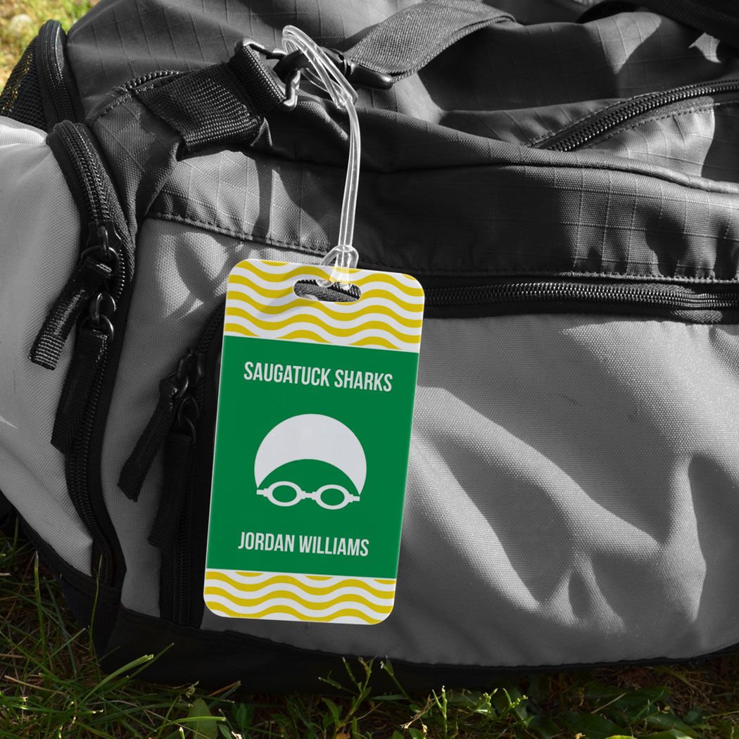 Personalized Swim Team Luggage Tag with Swimmer Design - Large Yellow/Green Waterproof Bag Tag for Swim Meets, Travel & Pool Accessories | Durable Standard Lines on Back