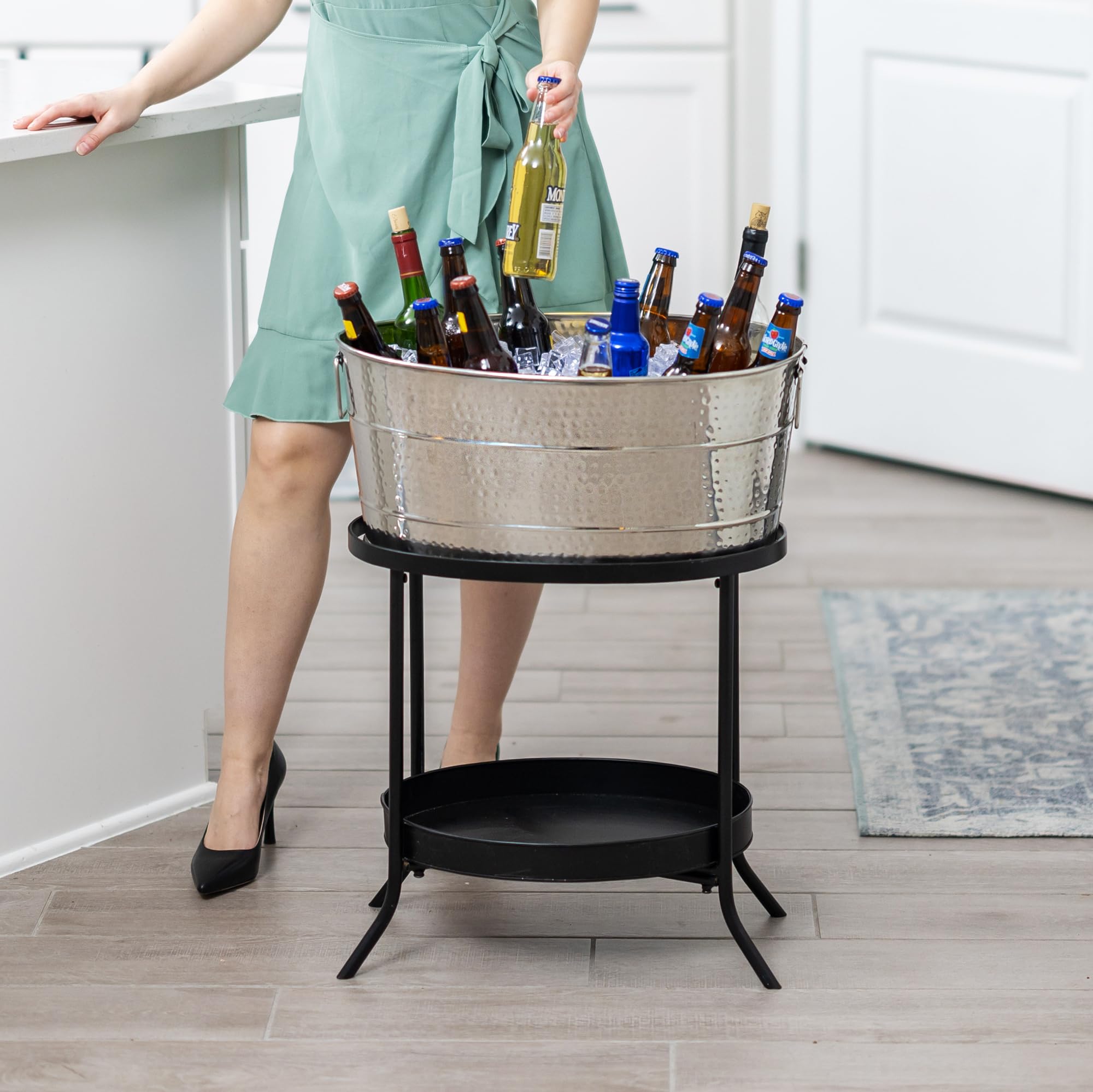 BREKX 25-Quart Aspen Hammered Stainless Steel Beverage Tub with Metal Stand - Premium Ice Bucket & Drink Cooler for Parties, Weddings, BBQs, and Outdoor Events