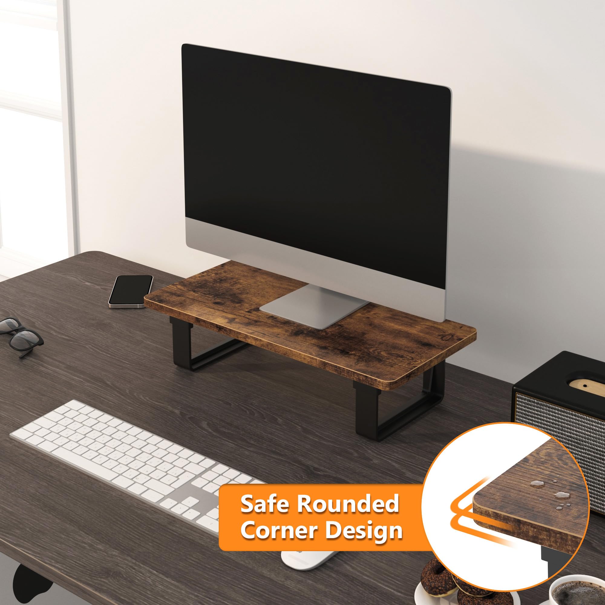 Sturdy Wood Monitor Stand Riser with 50 LB Capacity - Rustic Brown Desktop Organizer for Computer, Laptop, Printer & iMac | Anti-Slip Design for Home Office & Workspace Organization
