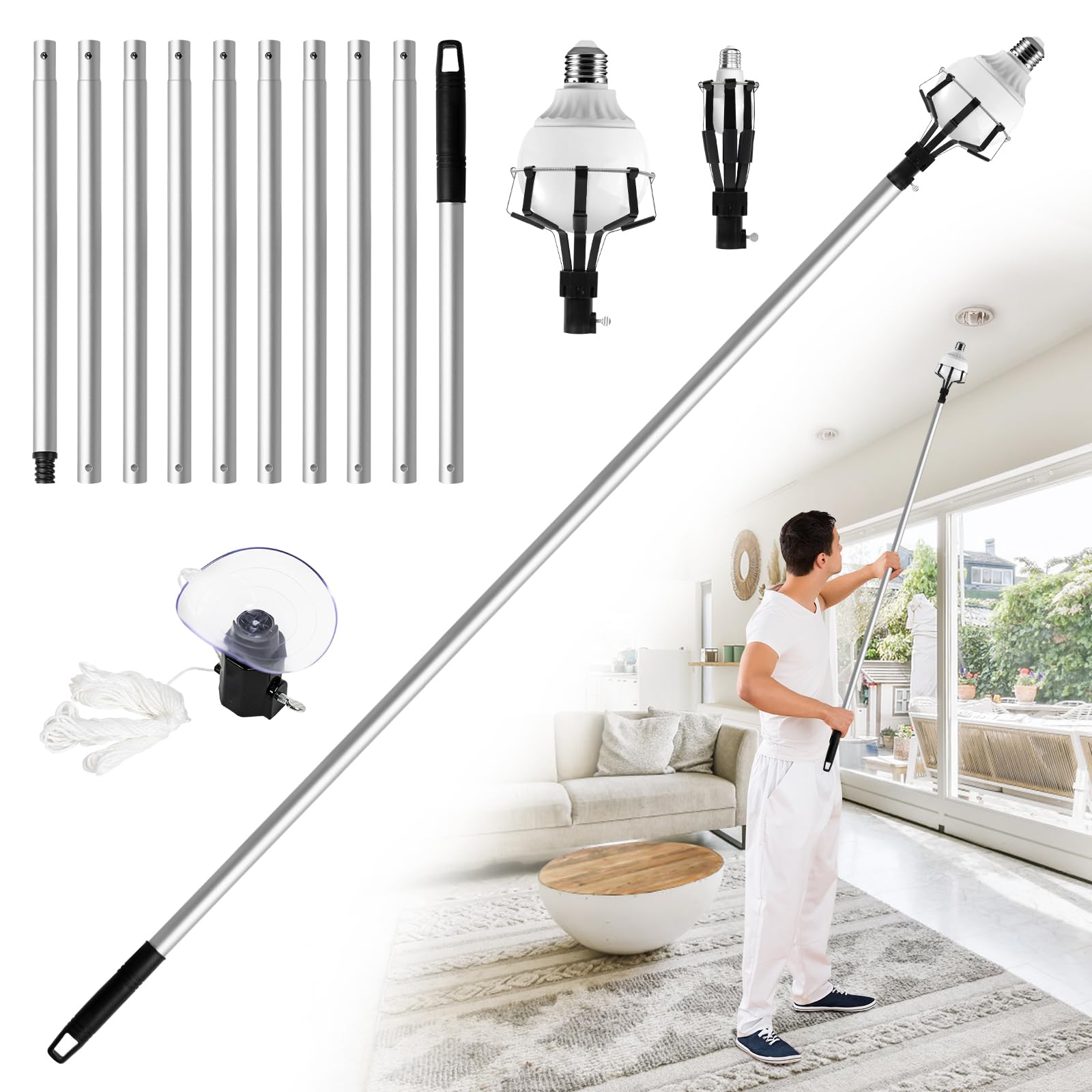12FT High Reach Light Bulb Changer with Basket & Suction Cup - Extendable Pole for High Ceilings, Easy Household Bulb Replacement - Perfect for Living Rooms, Bedrooms, and Outdoor Fixtures