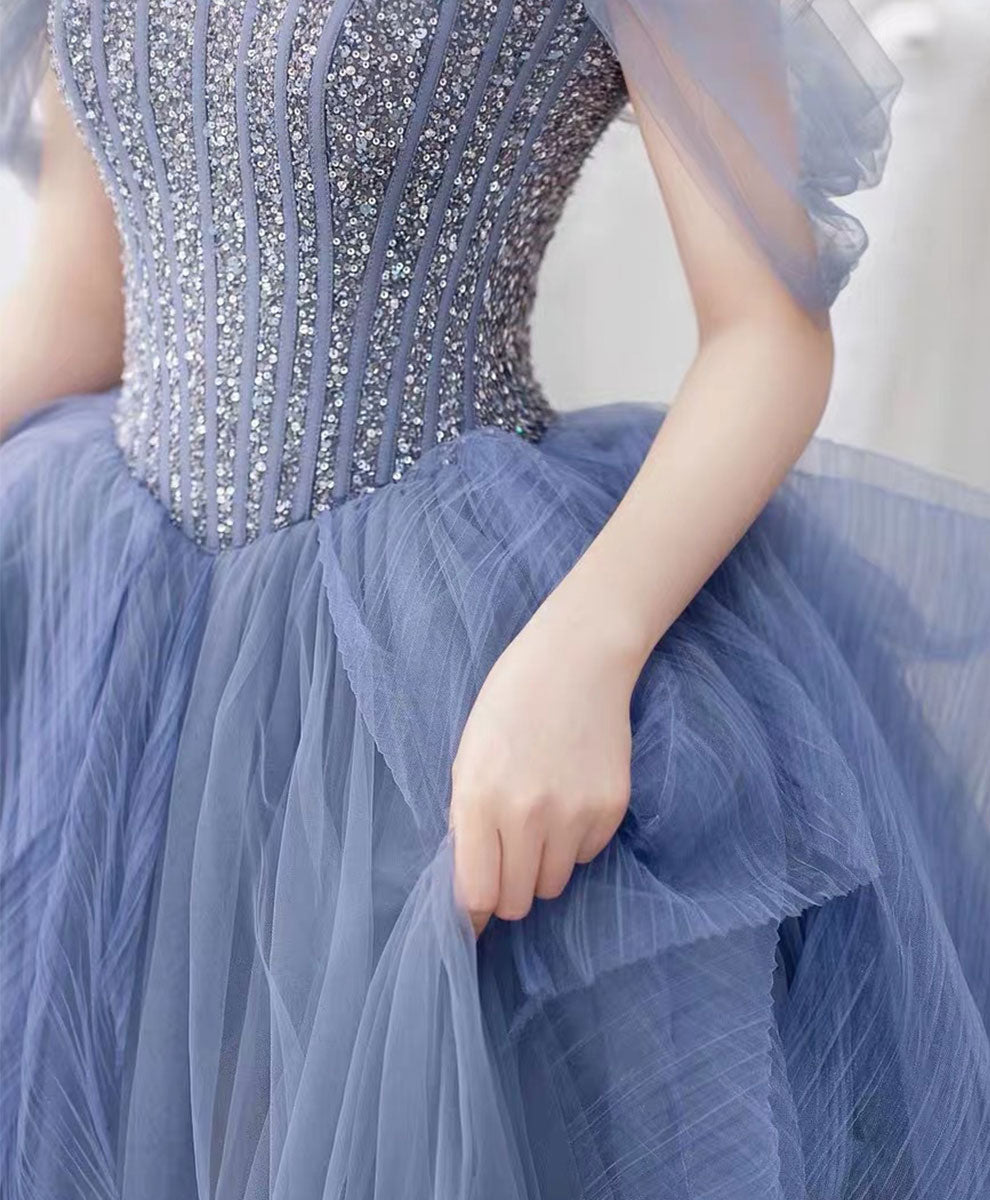 Elegant Blue Sweetheart Neckline Tulle Beads Sequin Long Prom Dress for Women - Perfect for Graduation, Homecoming, and Formal Evening Events