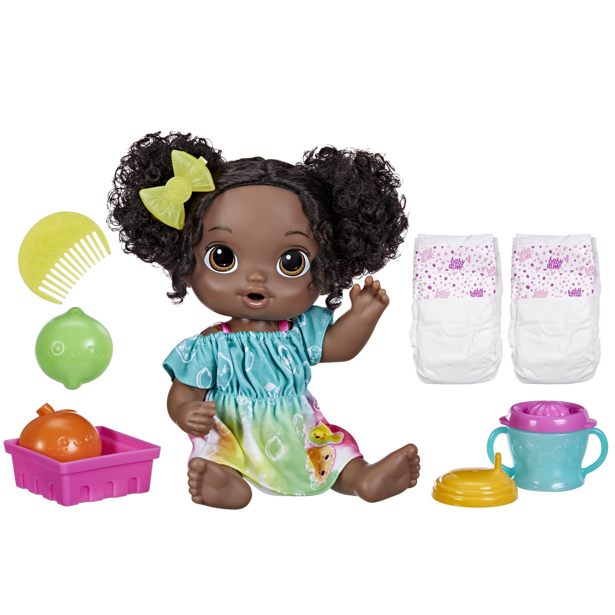 Baby Alive Fruity Sips Doll - 12-inch Interactive Baby Doll with Drink & Wet Feature, Pretend Juicer Toy for Girls Age 3+ (Lime, Black Hair) - Perfect for Pretend Play, Role Play & Gift for 3 Year Old Girls