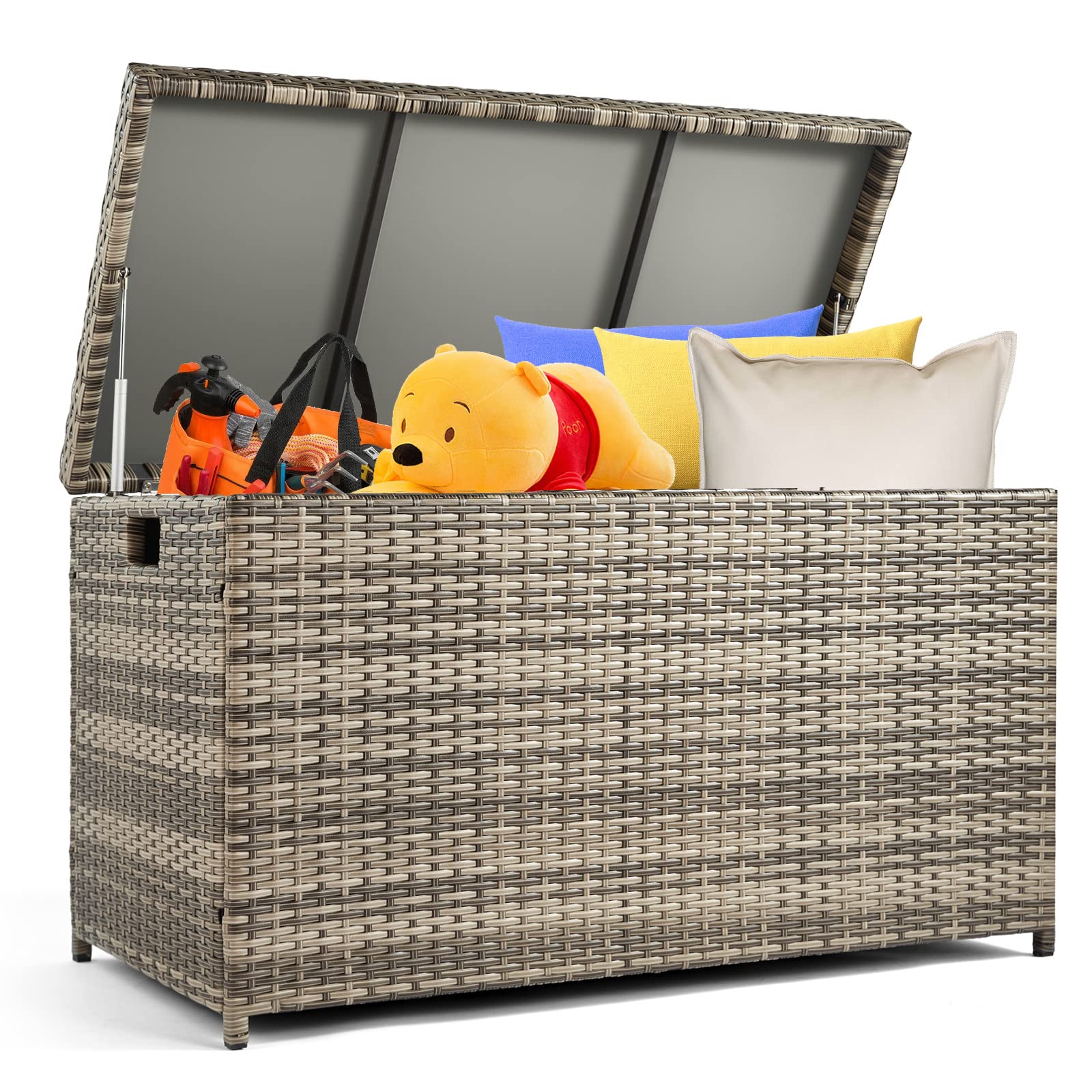 COSVALVE 100 Gallon Outdoor Deck Storage Box - Wicker Rattan Waterproof Patio Furniture Container with Cover for Cushions, Pool Toys, Garden Tools & Sports Equipment | Perfect for Backyard, Poolside & Garden Organization (Grey)